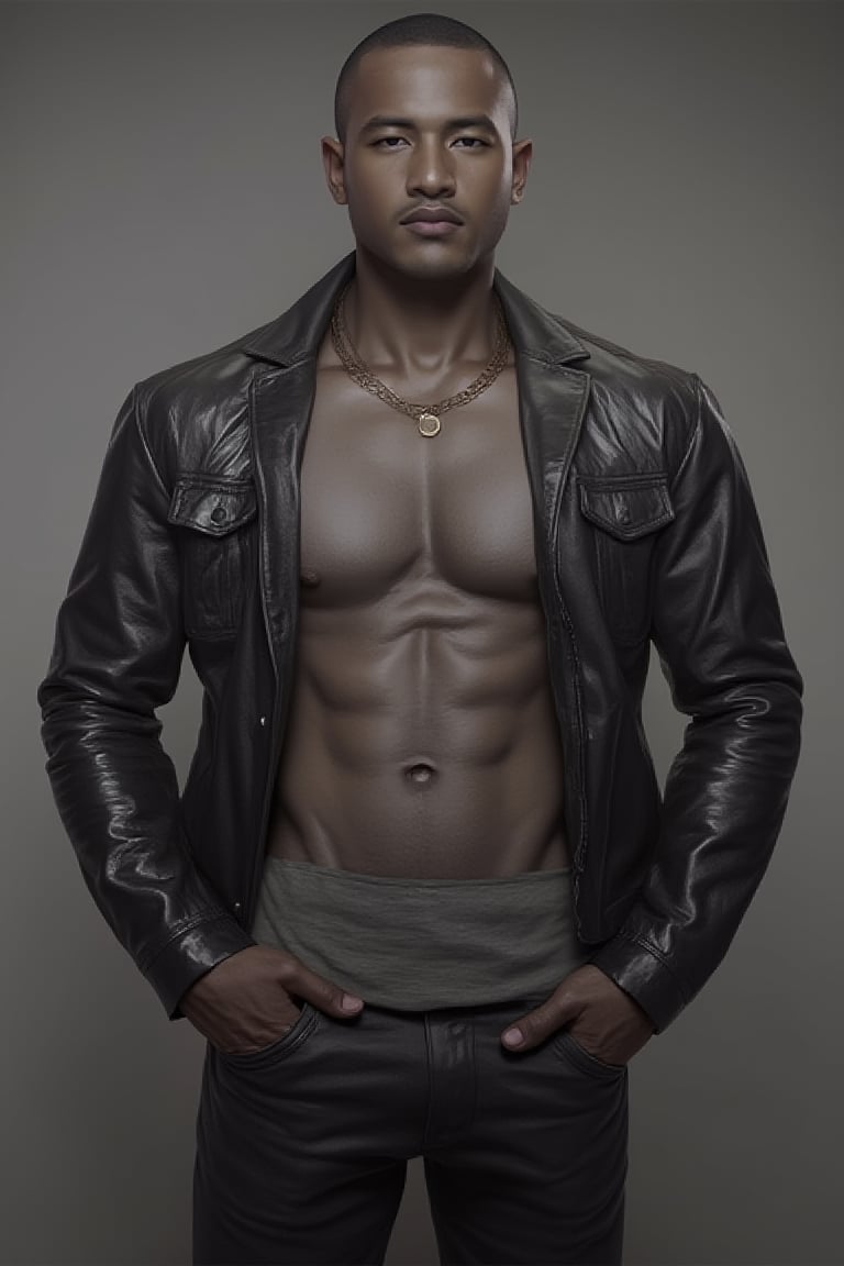 Silverjow style,Bara,Muscle ,Photogenic Nigerian Syahnk,looking at viewer, short hair, simple background, brown hair, shirt, black hair, jacket, male focus, multiple boys, dark skin, 2boys, lips, dark-skinned male, 3boys, realistic, hands in pockets, leather, leather jacket