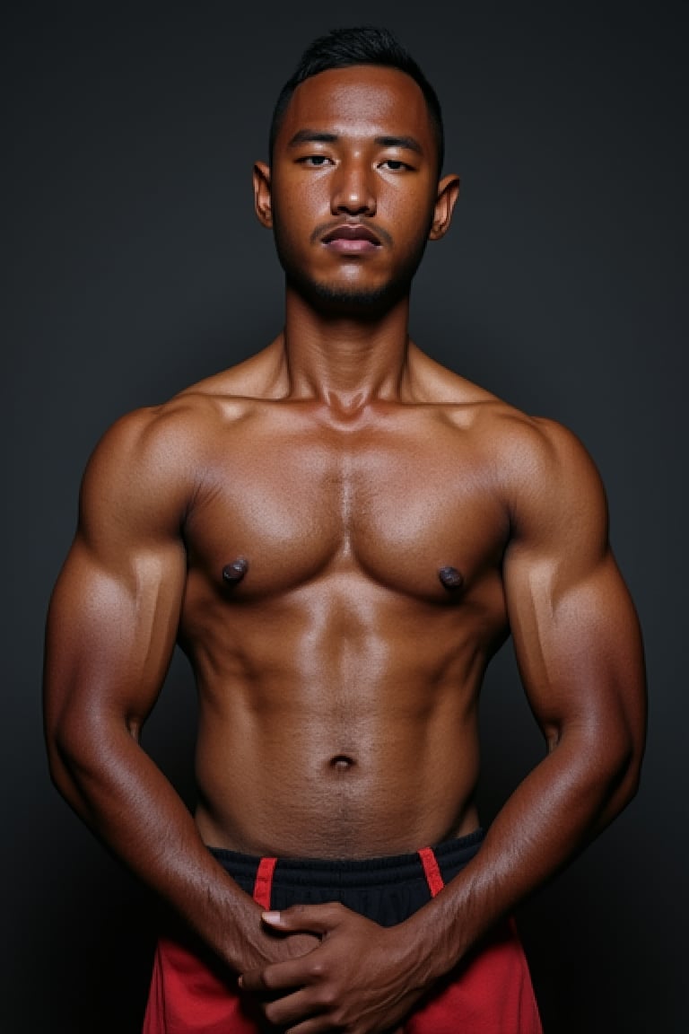 , A masterpiece portrait photograph of a  syahnk as a n African  (bodybuilder man, masculine, 1960s style photo, tanned, ((bodybuilding type body)) he has gigantic muscle , flex chest at photography studio , facing camera,Xmilitaryx 