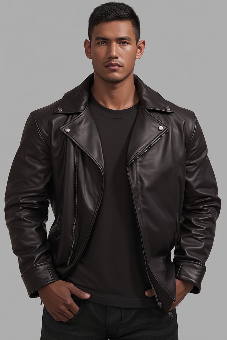 Silverjow style,Bara,Muscle ,Photogenic Russian Syahnk,looking at viewer, short hair, simple background, brown hair, shirt, black hair, jacket, male focus, multiple boys, dark skin, 2boys, lips, dark-skinned male, 3boys, realistic, hands in pockets, leather, leather jacket