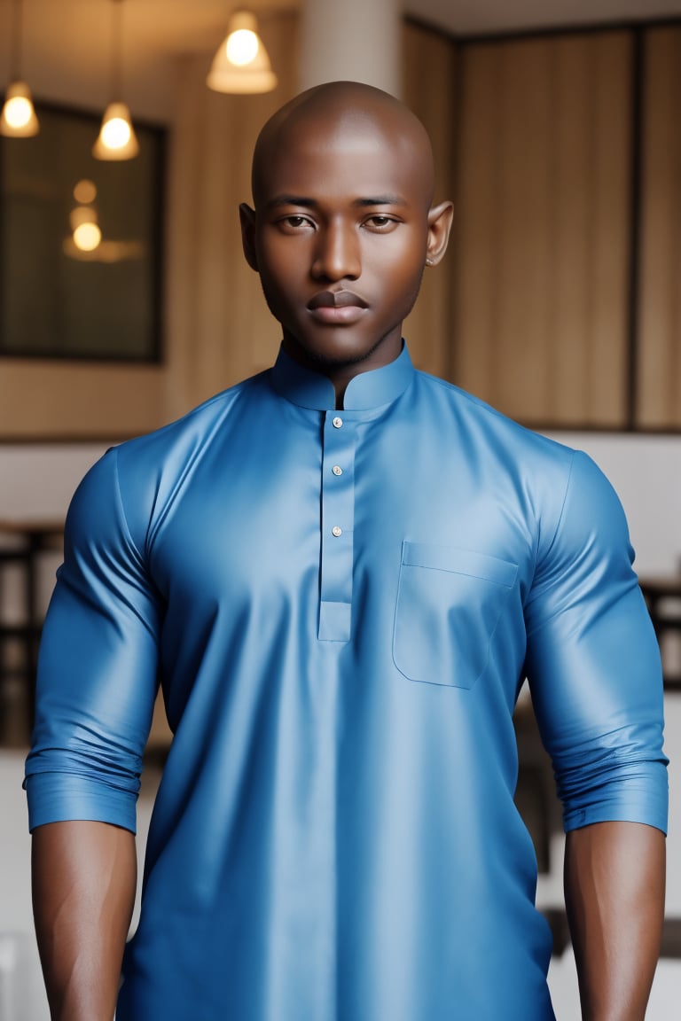 African Model man, flexing in a cafe, using smartphone, (wearing kurta) , makret ,perfect eyes,perfect face,beautiful eyes, dark 
  skin tone, 8K quality, higher resolution, (beautiful),cinematic,warm, syahnk, big muscles,handsome men