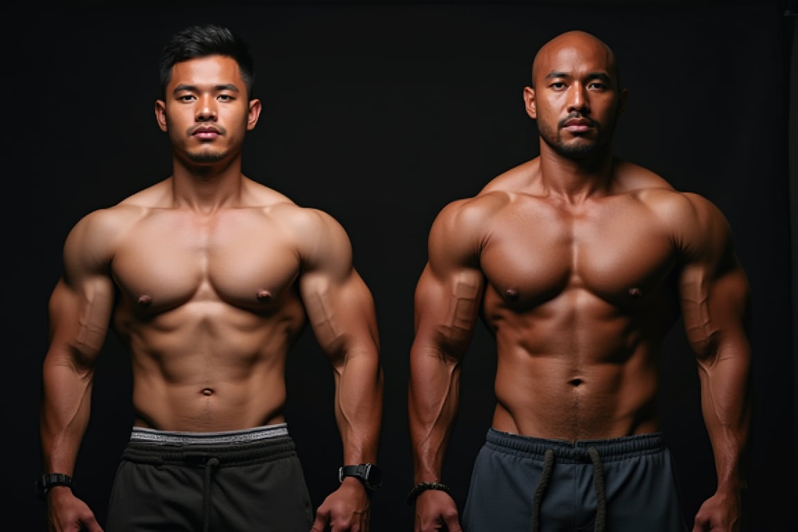 Two rugged bodies, Syahnk's 'Jock' and 'Muscle Bull', stand strong and confident, locking eyes with the camera. The athletic build of the jock is matched by the imposing physique of the muscle bull. Both men flex their muscles, showcasing their impressive physiques. The bright lighting highlights every contour, emphasizing the sharp definition of their bodies., both Facing High definition camera 