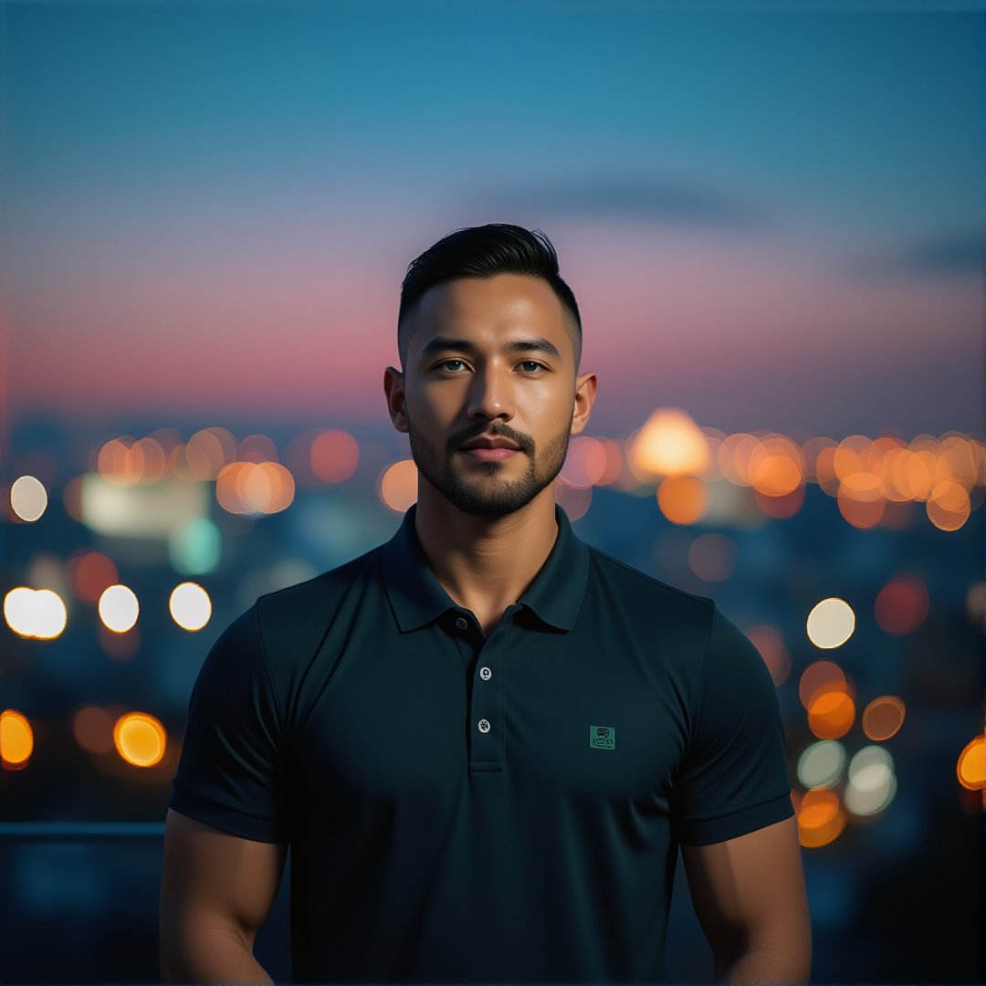 Syahnk stands confidently in front of a cityscape at dusk, the night sky ablaze with twinkling lights. A sleek, undercut hairstyle and facial hair accentuate his chiseled features, while piercing green eyes seem to sparkle in the soft, evening glow. He wears a crisp polo shirt, his muscular physique evident beneath the fabric. The background, blurred into a beautiful bokeh, provides a stunning contrast to Syahnk's sharp, high-definition features. A UHD masterpiece, this photograph exudes perfection, with a matte finish that adds depth and dimensionality.