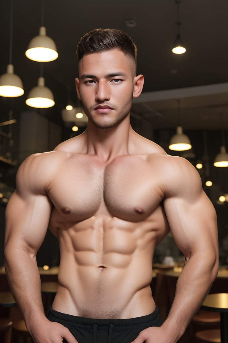 Model man, flexing in a cafe, using smartphone, business, makret ,perfect eyes,perfect face,beautiful eyes, Australian skin tone, 8K quality, higher resolution, (beautiful),cinematic,warm, syahnk, big muscles,ollie,hairy,niconawt