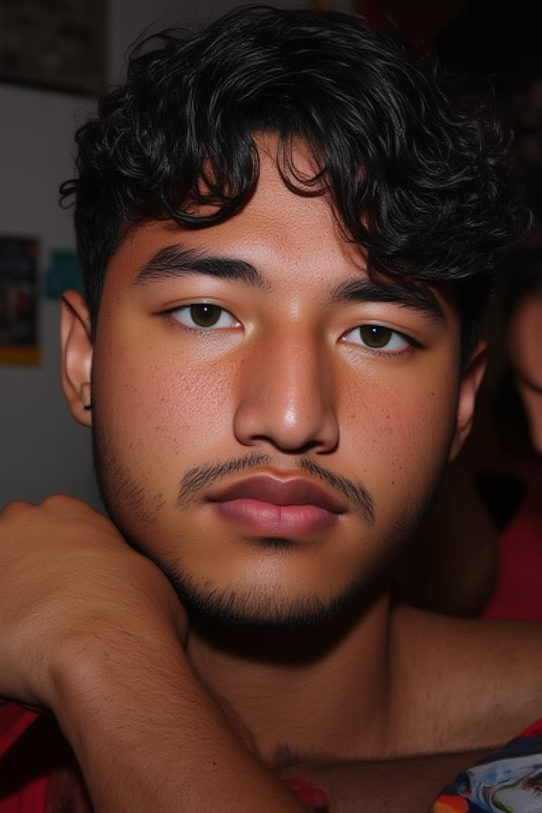 (full body shot)) Syahnk, (realistic, masterpiece, high quality, best quality), 1man, Latino, rugby player,  looking to the centre of camera while focused, ((dynamic )), at the party, ((realistic, photo, fix realistic intricate real male head hair skin nose eyes mouth facialhair)), green eyes, real black curly hair , ((highres, uhd(, colorful, depth of field, new, newest),he (has muscular body physiques ), flexing muscle body,@brtlmss1,brutalmass