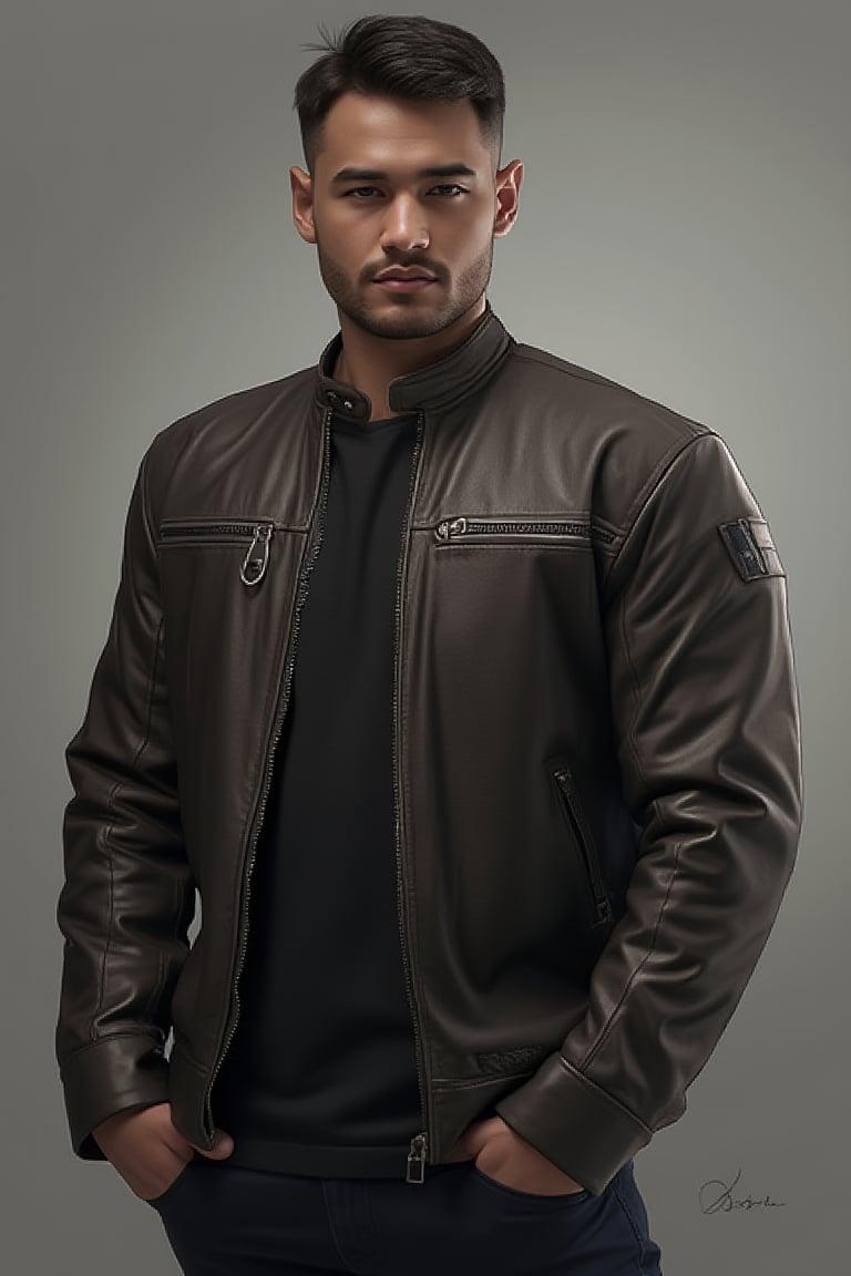 Silverjow style,Bara,Muscle ,Photogenic Algerian Syahnk,looking at viewer, short hair, simple background, brown hair, shirt, black hair, jacket, male focus, multiple boys, dark skin, 2boys, lips, dark-skinned male, 3boys, realistic, hands in pockets, leather, leather jacket