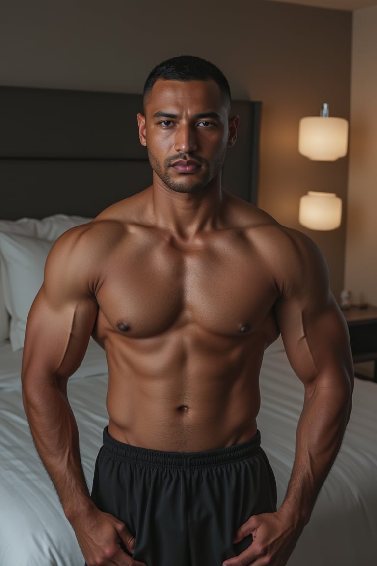 Create a high-quality image, extreme detail face, intricate detail, depth of field, ultra definition, extreme realism, real life, realistic image, high-quality lighting, 16k UHD, 1male bodybuilder man in , set in a modern hotel room,Syahnk,sami