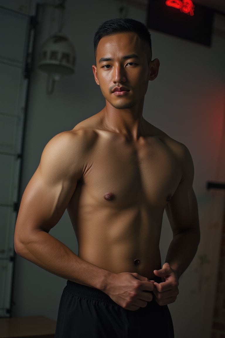 Syahnk as  Handsome muscular man  (hyperrealistic, unprocessed image, unpolished filter, depth of field, Loft), (Canon EF 100-400mm f/4.5, Kodak Pro 400H