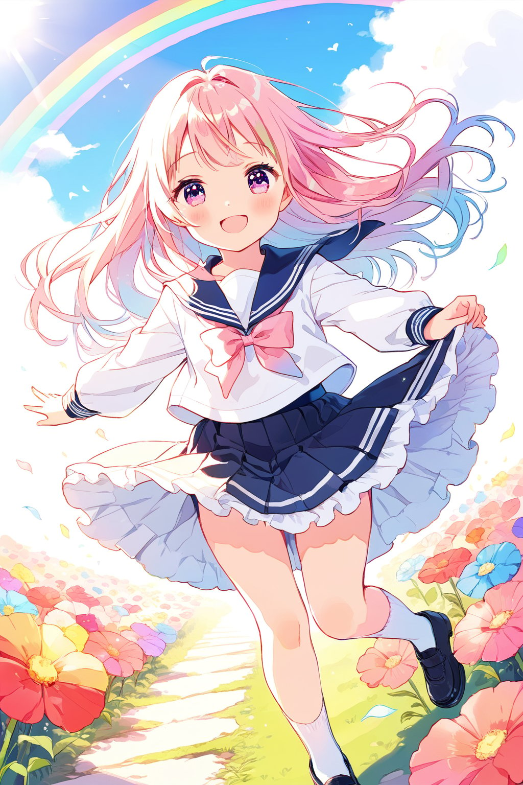 ((masterpiece)), ultra detailed, best quality, 8k, high resolutionl, aesthetic, pastel, 1girl, 10age, smile, ((cute eyes)), ((kawaii)), cute, ((lovey)), long hair, beautiful detailed face, sailor uniform, skirt, jumping, pink hair, pink eyes, happy, rainbow, flower field, walking paths, sunlight