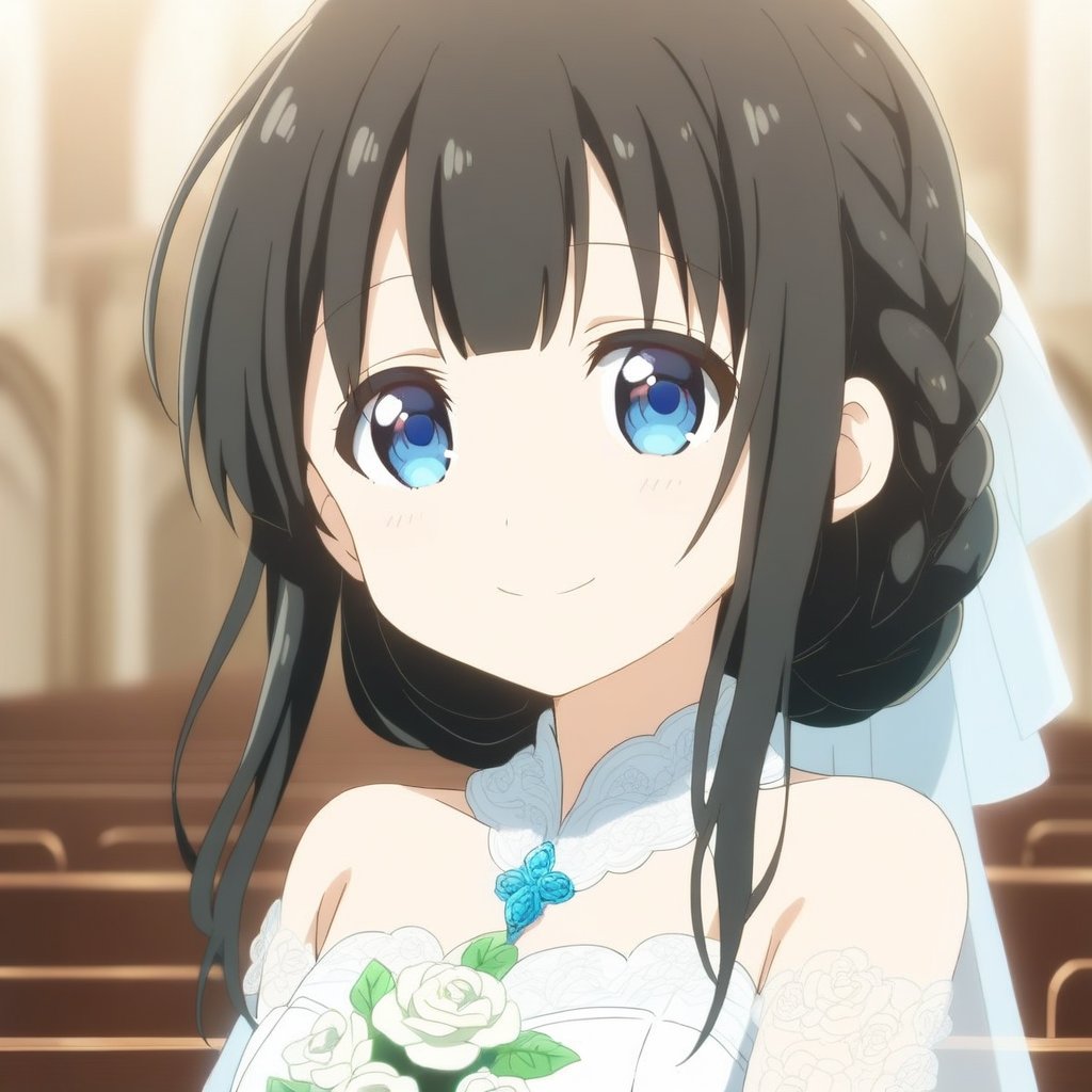 1girl, cute,  (((black hair and Gradient blue eyes ))), cute,   very cute, Visual Anime, smiling,  ,source_anime, at church, bangs, long hair, wedding dress