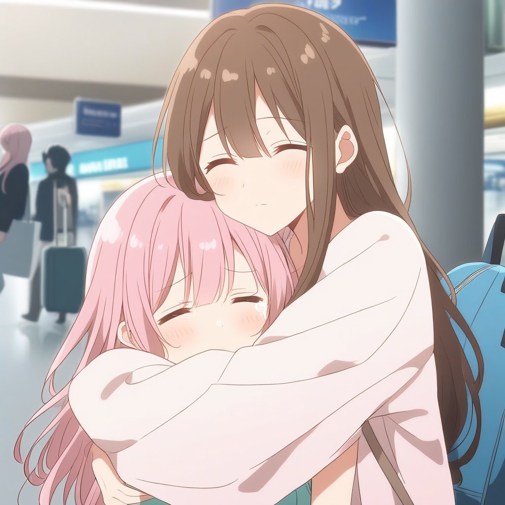 2girls, cute,   (((brown hair and closed eyes ))), ribbon, cute, , cute,  (((pink hair and  gradient pink eyes))), very cute, long hair,Visual Anime, hug, blushing, crying, at airport,  tear, crying, sad, 