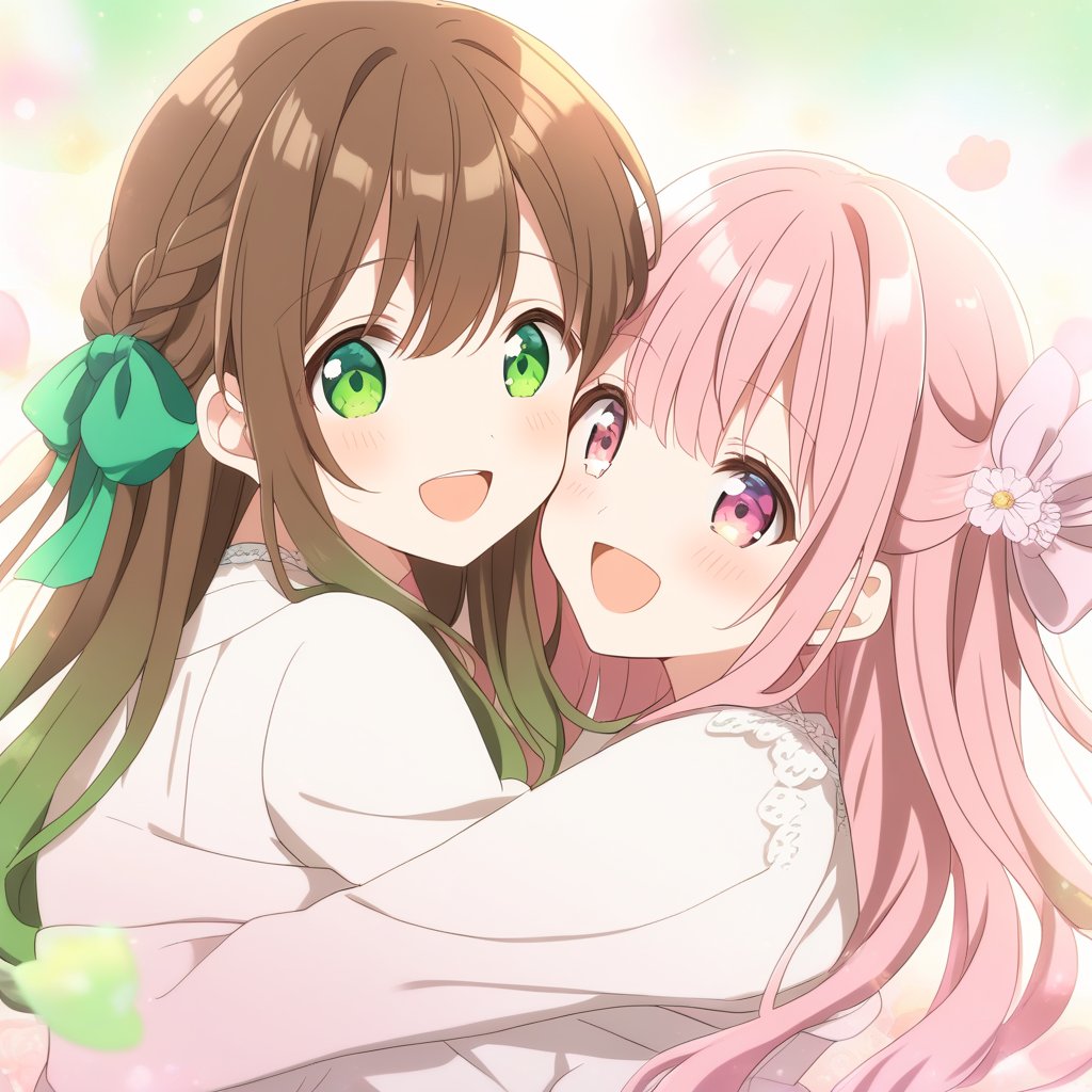 2girls, cute,   (((brown hair and gradient Green eyes ))), ribbon, cute, , cute,  (((pink hair and Gradient Pink eyes))), very cute, long hair,Visual Anime, smiling, laughing, smiling, dream, hug, happiness,hair ribbon, blushing, flowers, candies