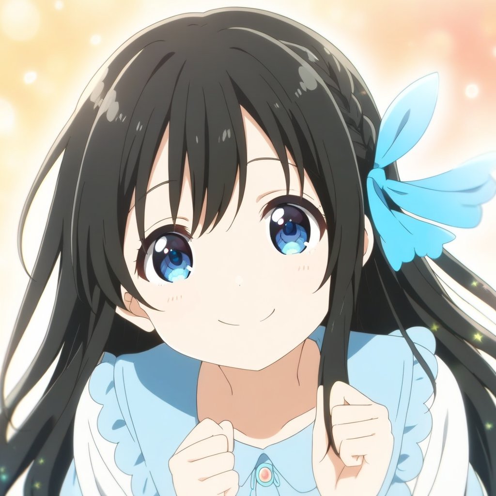 1 girl,  cute,  , ribbon, cute, (((Black hair and Gradient blue eyes))), cute,  very cute, long hair,Visual Anime, smiling , smiling, happiness,hair ribbon braid,