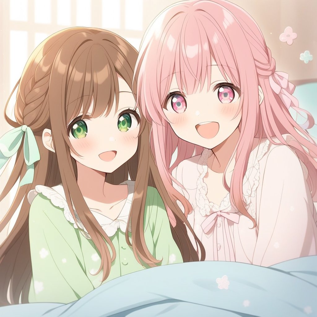 2girls, cute,   (((brown hair and gradient Green eyes ))), ribbon, cute, , cute,  (((pink hair and Gradient Pink eyes))), very cute, long hair,Visual Anime, smiling, laughing, smiling, bed,, happiness,hair ribbon, blushing, pajama