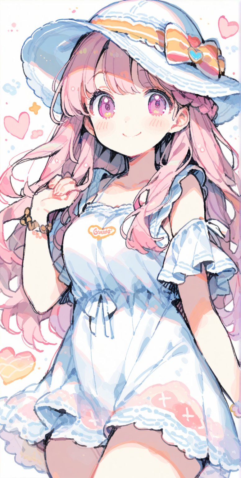 1girl, (tegaki:1.3),(copic_(medium):1.0),(sketch:1.1),(1girl,solo,french braid long hair, ,pink hair,detailed and gradient pink eyes:0.9),summer dress,cute,kawaii,masterpiece,girlish, heart, hat, smiling