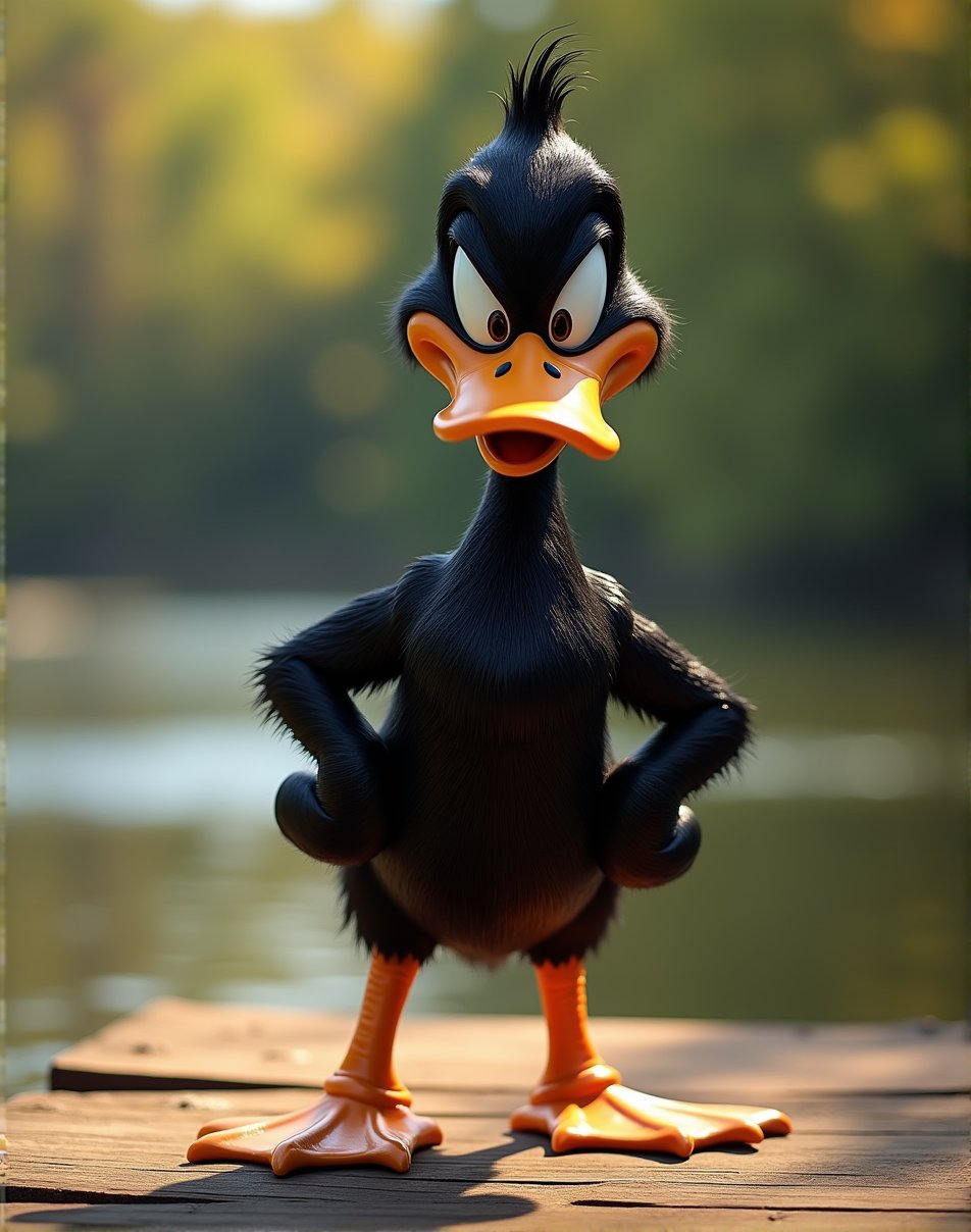 Daffy Duck standing proudly on a worn, wooden dock, his realistic black feathers glistening in the warm sunlight. The texture of the beak and feet is extremely realistic. Realistic plumage details showcased with texture and dimension. Framed by a subtle out-of-focus background of lush trees and calm lake water. Soft, natural lighting (ISO 800) captures Daffy's cartoonish features with a sense of realism. The Fujifilm XT3 DSLR camera captures the scene with precision, using a 38mm lens at F/2.8 and 1/250s shutter speed to freeze Daffy's confident pose.