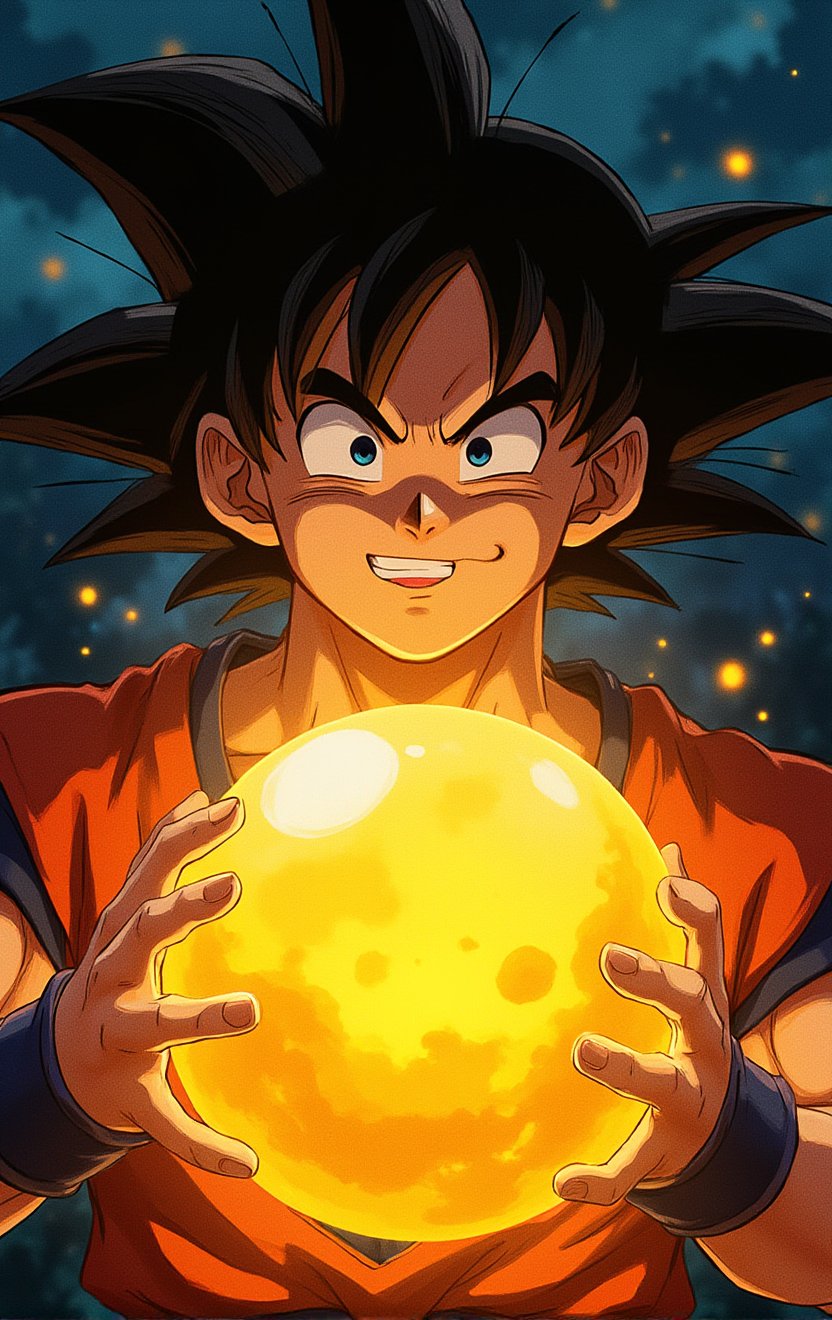 son goku holding a golden ball , 4k anime,NaturalFace,imperfect skin