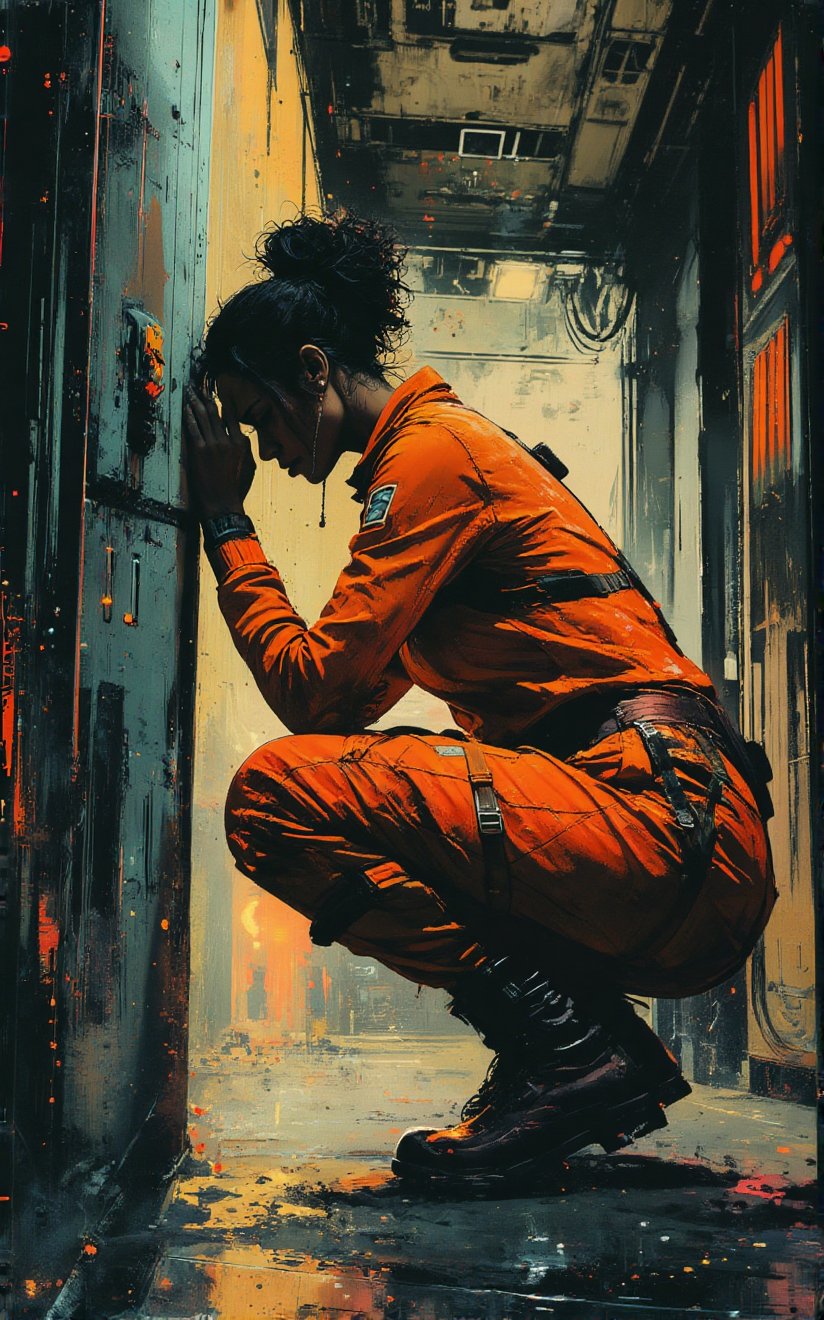 rough Impressionist painting of an oblique, partly sideways view of a stressed woman crouching leaning on a wall in the brighty lit corridor of a futuristic starship filled with shiny black panels and led panels. She is wearing a sleek, form-fitting futuristic mango orange jumpsuit with metallic highlights and sleek military space boots, with her hair neatly tied in a bun. The woman is resting her elbows on her knees and pressing her forehead into her clasped hands, appearing overwhelmed or deep in thought. The corridor features advanced technology with metallic walls, glowing panels, and smooth, sleek design elements, evoking a spacefaring environment. The mood is terrified and desperate. RETRO FUTURISTIC,Ink art style