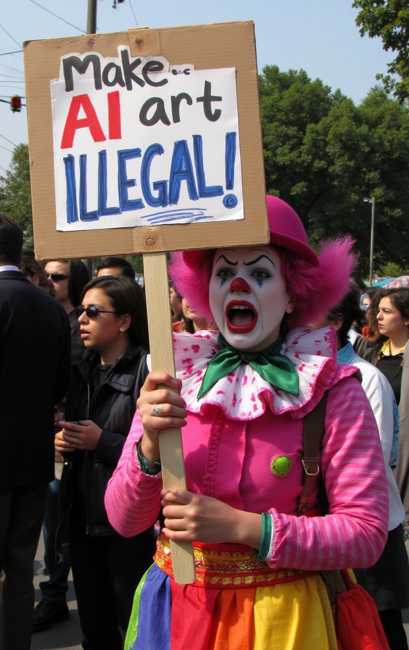 A Clown holding a sign "Make AI art ILLEGAL!". The clown is angry, rioting