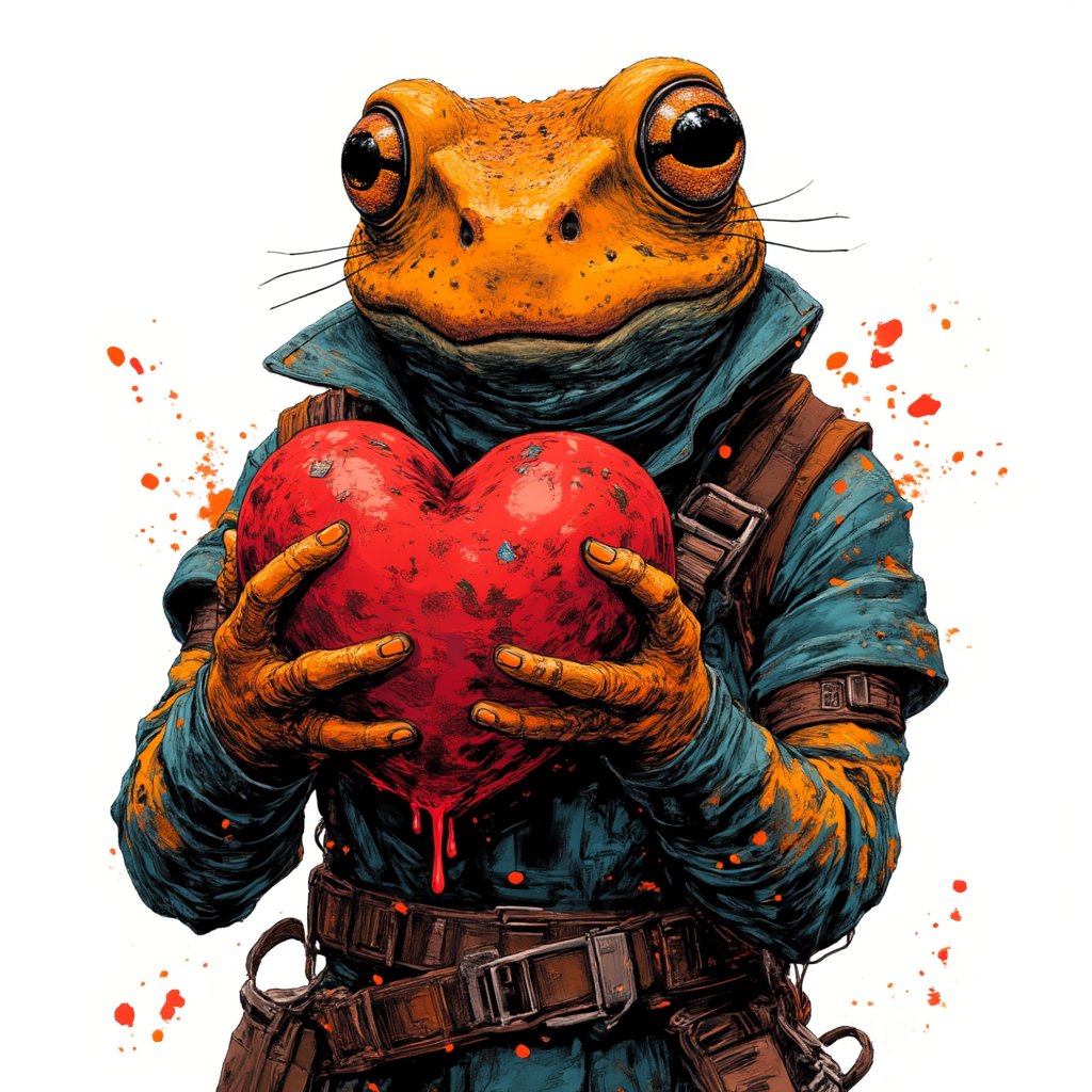 high contrast, orange purple green colorscheme, (detailed, intricate, realistic, masterful cyberpunk animation drawing:2), (thin black outline:2). (cute, young, slim, anthropomorphic, strong, athletic, tall, graceful, charismatic:2) (medieval frog assassin lady:3) (offering a big giant heart holding with both hands, love sacrifice:3). (with strong human emotions:3), (emotional face, open mouth, widened eyes:3). (human-like proportions:1.5), (detailed hands, neat hands, long thin fingers:1.5), (detailed eye iris:2). (wearing medieval outfit, long pants:2). (dynamic gestures:1.5), (dynamic emotions:1.5), (dynamic pose:1.5). (no background, white background:3), (full height, whole body:3), (masterpiece, stunning, trending, gorgeous:2). (side view:3),NaturalFace,imperfect skin, 