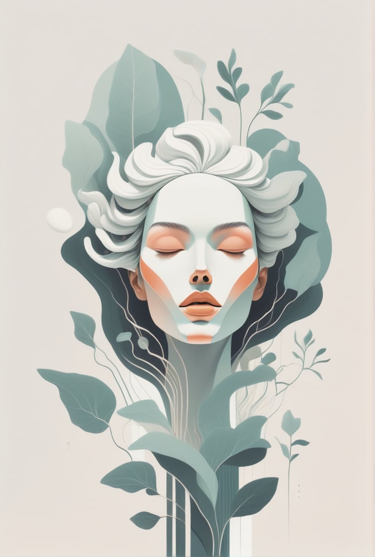 Create a digital anime illustration of a floating woman with a modern, minimalist aesthetic, influenced by Malika Favre. Prioritize clean, precise lines to define the figure and create a sense of delicacy. Use flat colors and negative space to evoke serenity. Incorporate subtle shading and smooth gradients for depth, while maintaining the overall simplicity. Include whimsical plant-like elements emanating from the figure’s head, suggesting growth or rejuvenation. Keep the color palette restrained, and ensure the design feels contemporary and calming