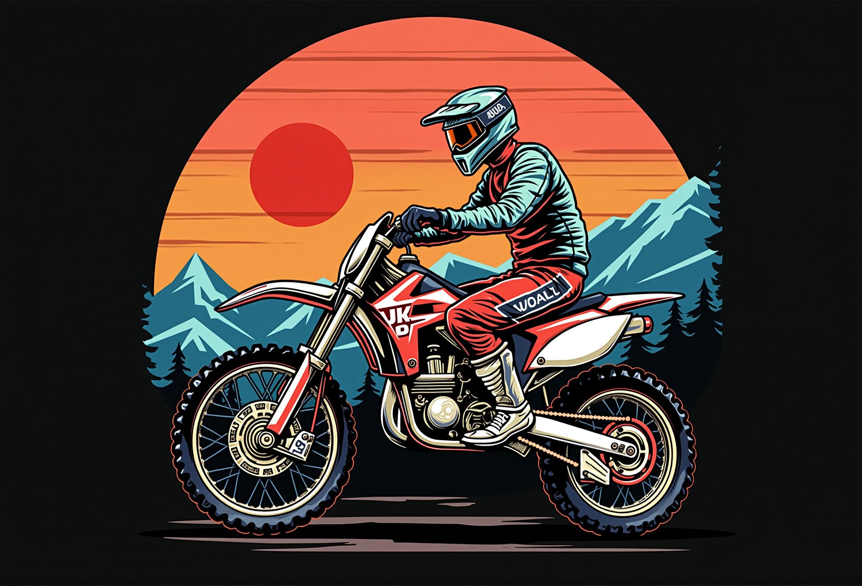 Japanese style, 80s retro vibe, aesthetic, motor sports design, geometric mountain background, retro-style sun.