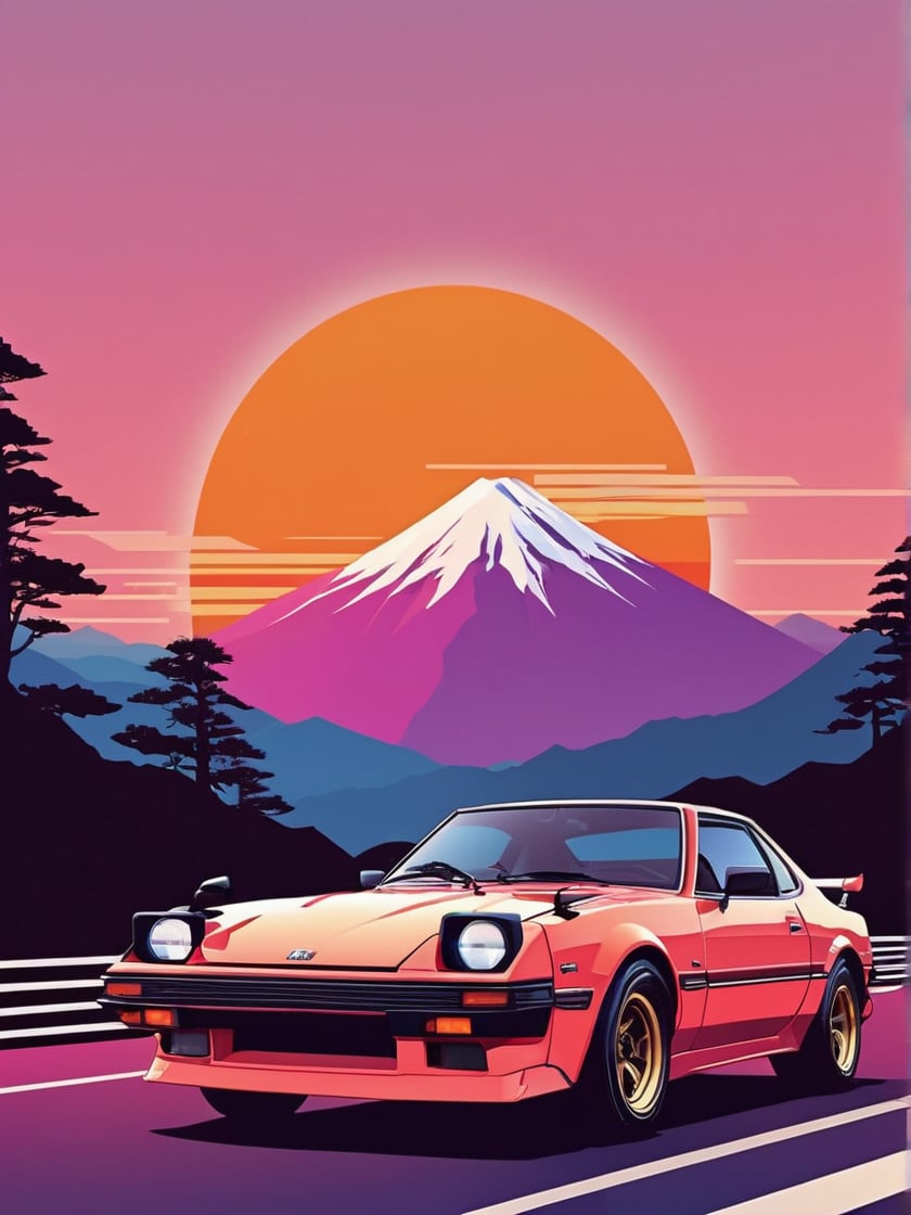 Japanese style, 80s retro vibe, aesthetic, motor sports design, geometric mountain background, retro-style sun.