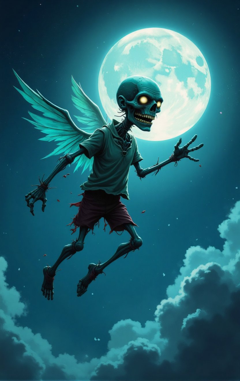 A whimsical flying zombie floats effortlessly against a moonlit sky, wispy clouds drifting lazily across the background. Soft, ethereal light illuminates the undead creature's translucent skin, highlighting delicate details of decaying flesh and tattered clothing. A mischievous grin spreads across its face as it soars through the air, its limbs splayed in a playful, weightless pose.