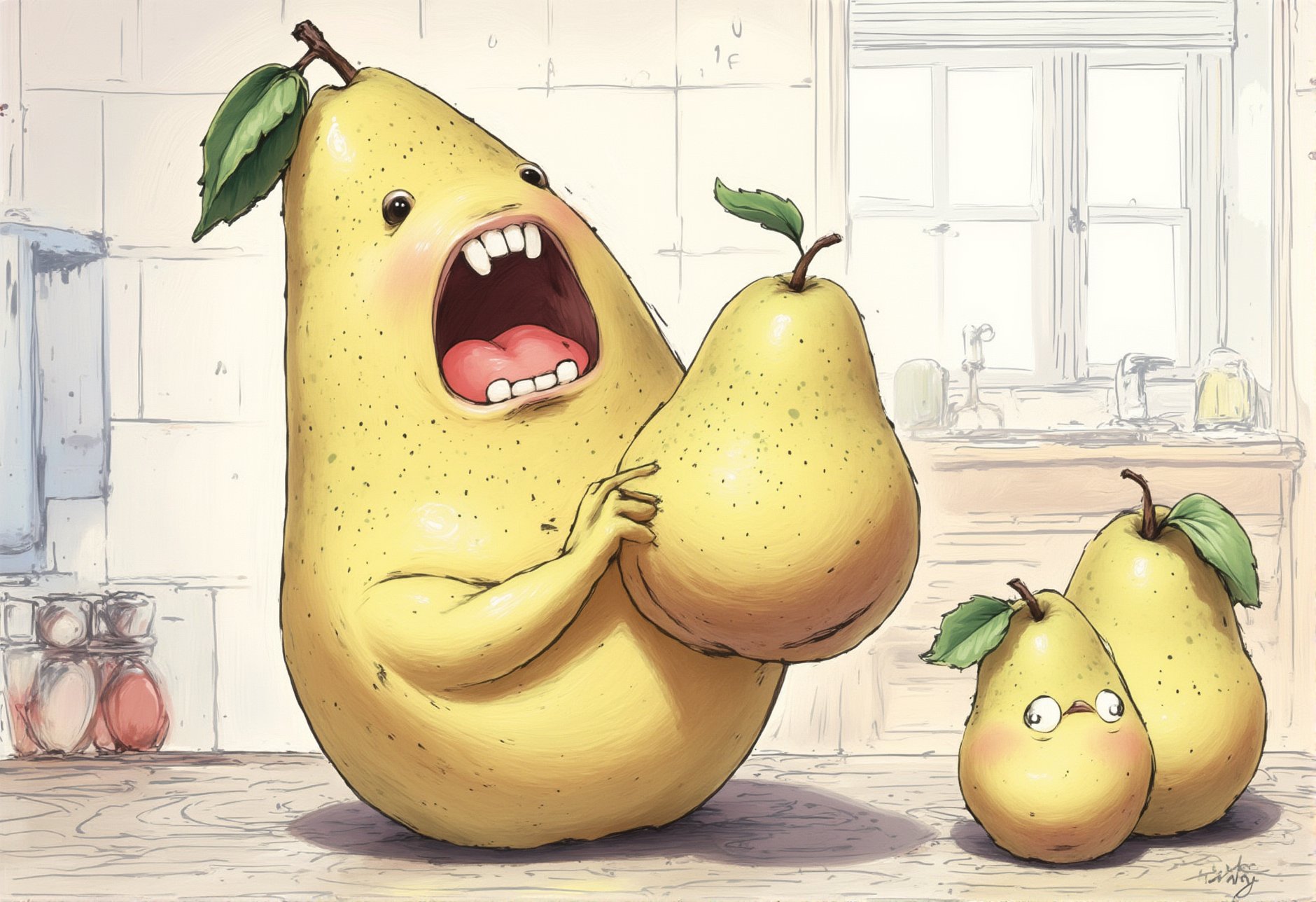 A scene of a pear with a human-like face, sitting on a table, holding a medium sized pear in front of its face with its hands and taking a bite out of the medium sized pear. The pear has its mouth with sharp teeth wide open, as it's taking a bite out of the medium sized pear. The background shows a simple kitchen setting with a wooden table and a white tiled wall. Soft, natural light comes in from a nearby window, adding warmth to the scene. The overall tone is light-hearted and surreal. Ink art style