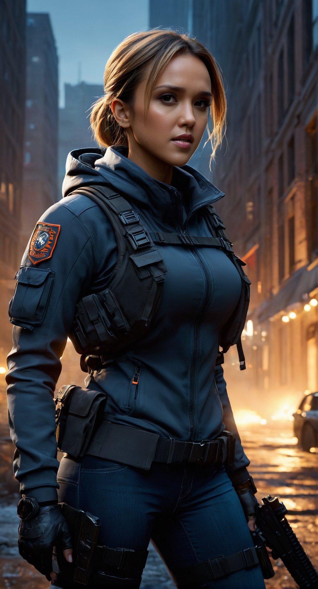 Confident Jessica Alba, Powerfull in (The Division pc game style gear), rifle in hands, Distopian Washington DC background, (full body portrait:1.4), (dynamic pose, random pose, modeling:1.2) volumetric lighting, 8k octane beautifully detailed render, post-processing, portrait, extremely hyper-detailed, intricate, epic composition, cinematic lighting, masterpiece, very very detailed, masterpiece, stunning Detailed matte painting, deep color, fantastical, intricate detail, splash screen, complementary colors, fantasy concept art, 8k resolution, Unreal Engine 5, chiaroscuro, bioluminescent, Volumetric light, auras, rays, vivid colors(face in frame:1.4), (editorial medium full body shot photography), (8k, RAW photo, best quality, masterpiece:1.4), twilight lighting, volumetric lighting, natural lighting, beautiful lighting, trending on ArtStation, trending on CGSociety, dramatic lighting, by artgerm, by Liang Xing, by WLOP, immersive atmosphere, (chiaroscuro:0.2),Extremely Realistic,SDXL