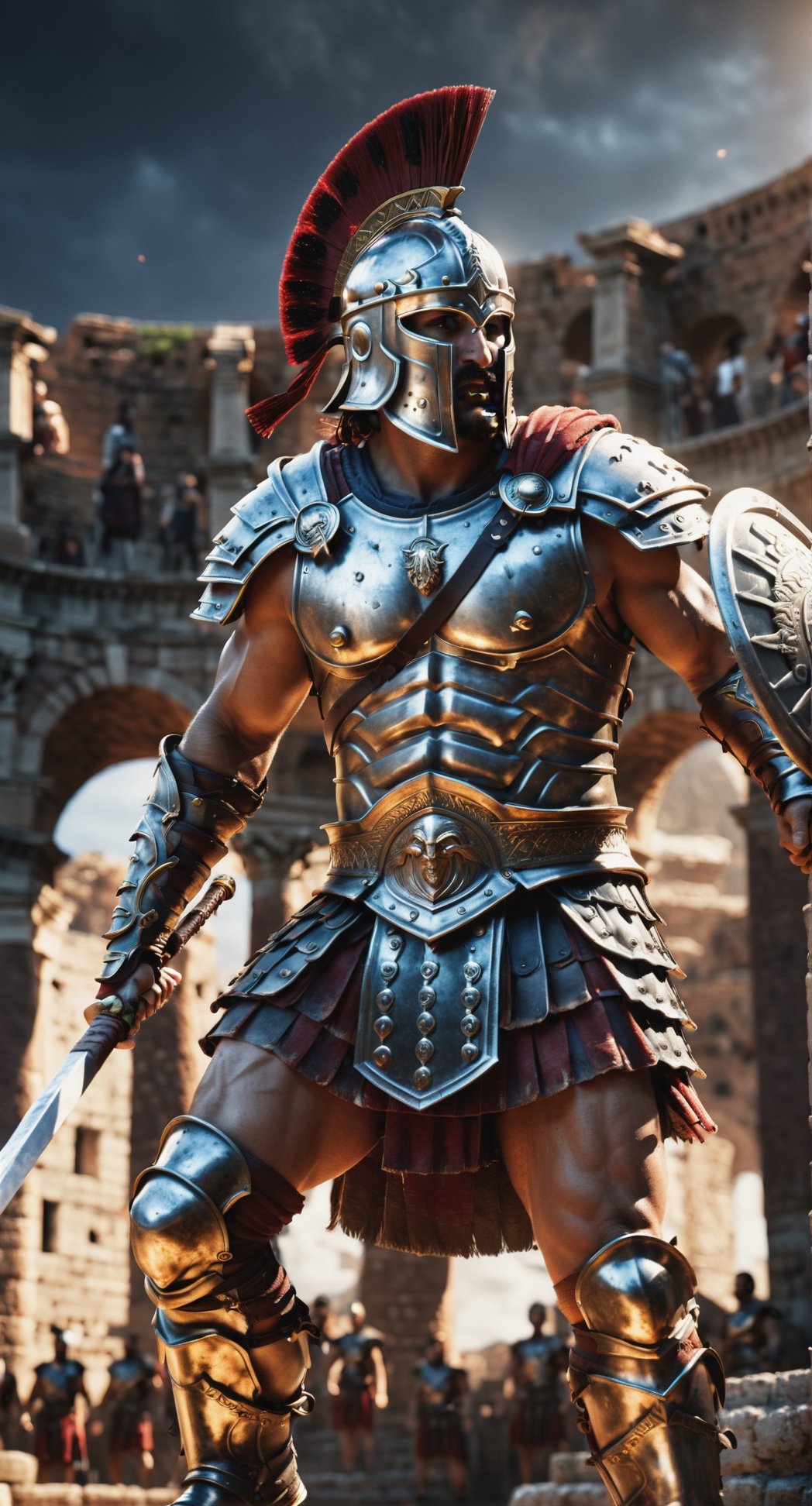 Roman Gladiator,  victory pose in theColloseum. dim volumetric lighting,  8k octane beautifully detailed render by Zsolika...