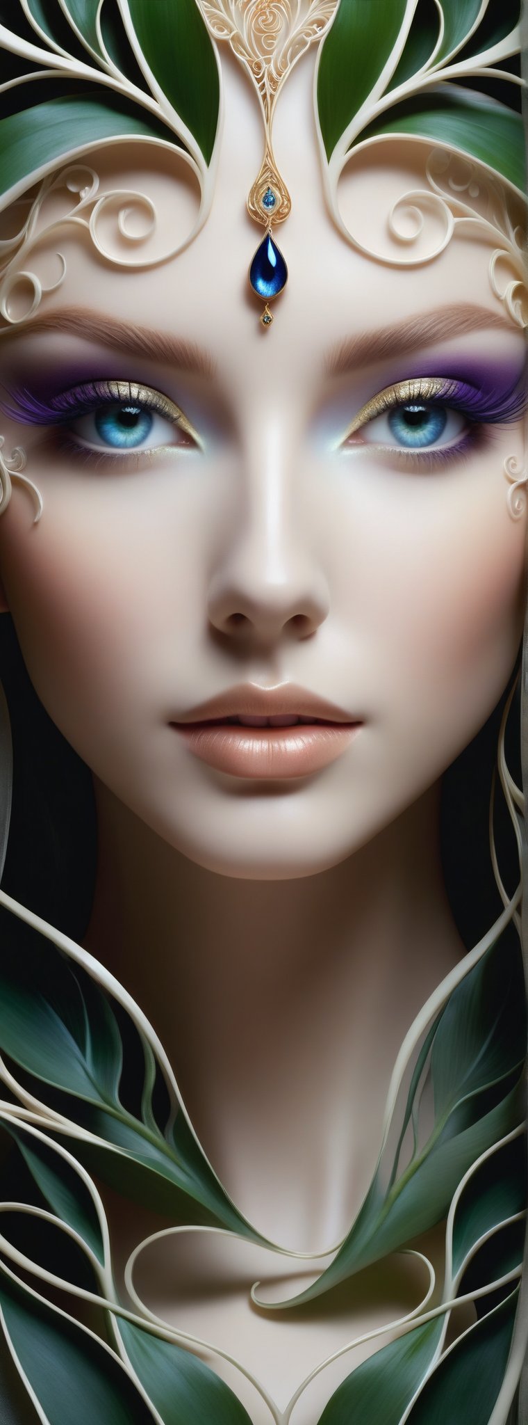 Mysterious visage emerges from the mind's eye,  surrounded by ethereal whispers of nature: wispy vines curl around the fig...