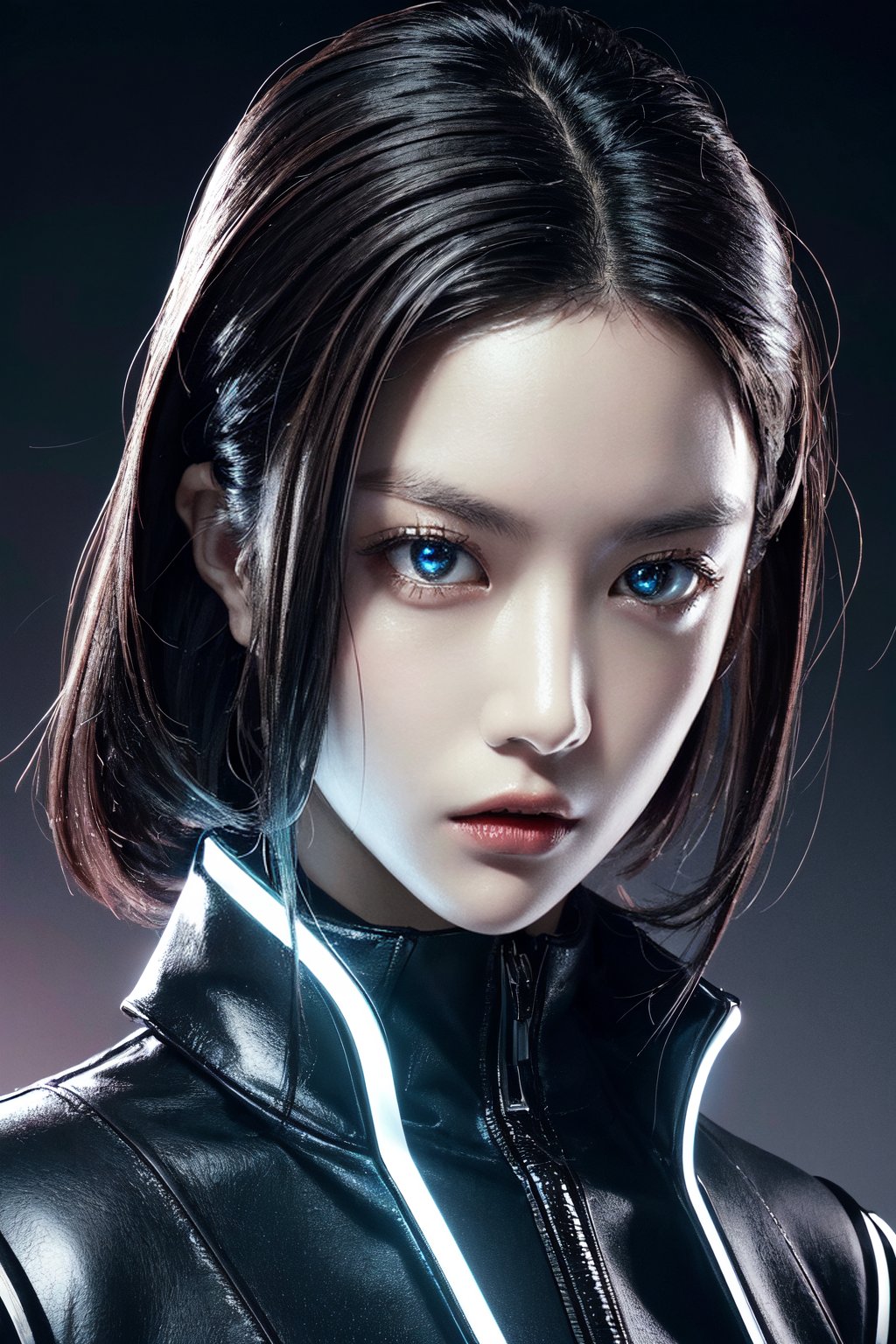 "Extreme close-up of a high-fashion model's face in a cyberpunk setting. Her expression exudes confidence and hauteur, with a slight tilt of her chin and a cool, appraising gaze directly into the camera. Her eyes are striking - perhaps enhanced with futuristic contact lenses that have a subtle digital glow or metallic sheen. Her makeup is bold and avant-garde, incorporating elements like holographic highlights, metallic accents, or precisely applied neon lines.

The model's hairstyle is sleek and futuristic, possibly featuring unusual colors or cybernetic accessories. A small part of her high-tech outfit is visible - maybe the collar of a jacket with LED trim or the edge of a neural interface device.

The background is slightly out of focus but hints at the cyberpunk cityscape with blurred neon lights and reflective surfaces. The lighting on her face is dramatic, with a mix of cool, tech-inspired blues and warm, flattering tones that accentuate her features.

The overall composition emphasizes the model's aloof and superior expression, capturing the essence of cyberpunk fashion and attitude,