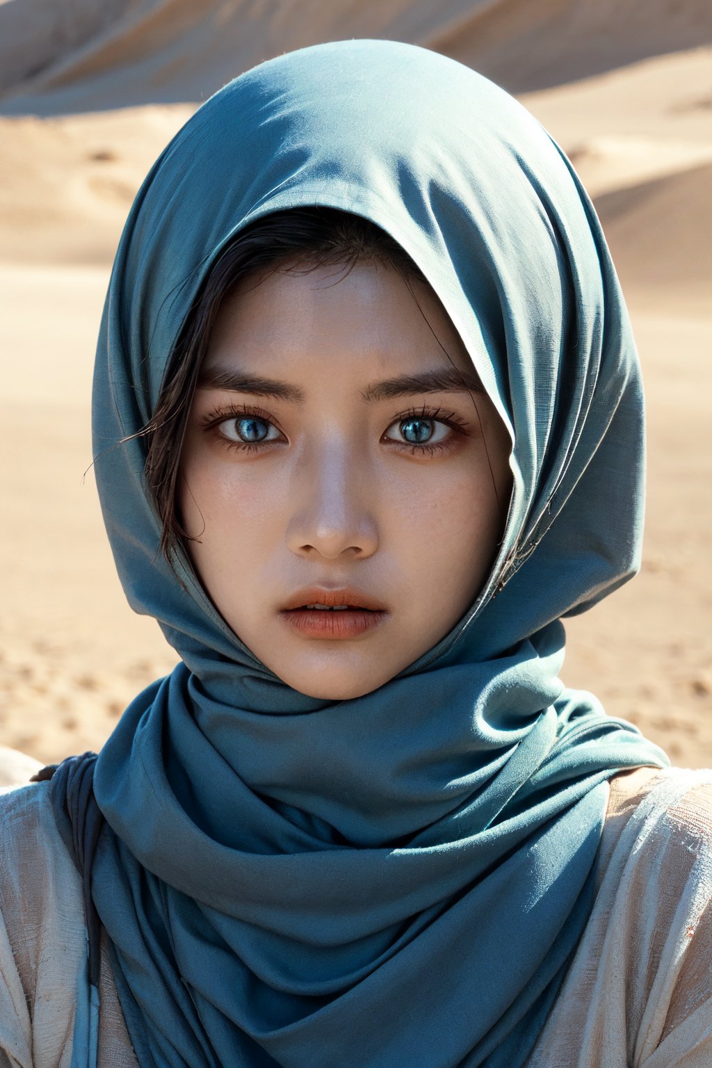 Close-up portrait of a woman with striking blue eyes in the desert. Her face is partially veiled by a traditional headscarf, drawing all attention to her mesmerizing azure gaze. The fabric is light and flowing, protecting her from the desert sun. Golden sand dunes fade into the background, slightly out of focus. Harsh sunlight creates dramatic shadows on her face, emphasizing the intensity of her eyes. Her gaze is mysterious and captivating, telling a story of desert journeys. The color palette contrasts her cool blue eyes with the warm earth tones of the desert and fabric. Photorealistic style with high detail on the eyes, showing flecks of different blues and reflecting the desert landscape,