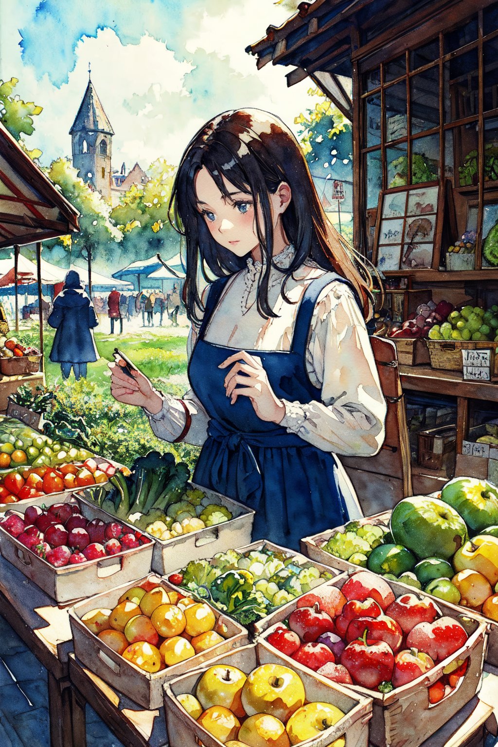 A medieval girl in traditional dress, vegetables and fruits, at a farmer's market, mysterious medieval, masterpiece,High detailed,CrclWc,Detail,Half-timbered Construction,INK art,watercolor