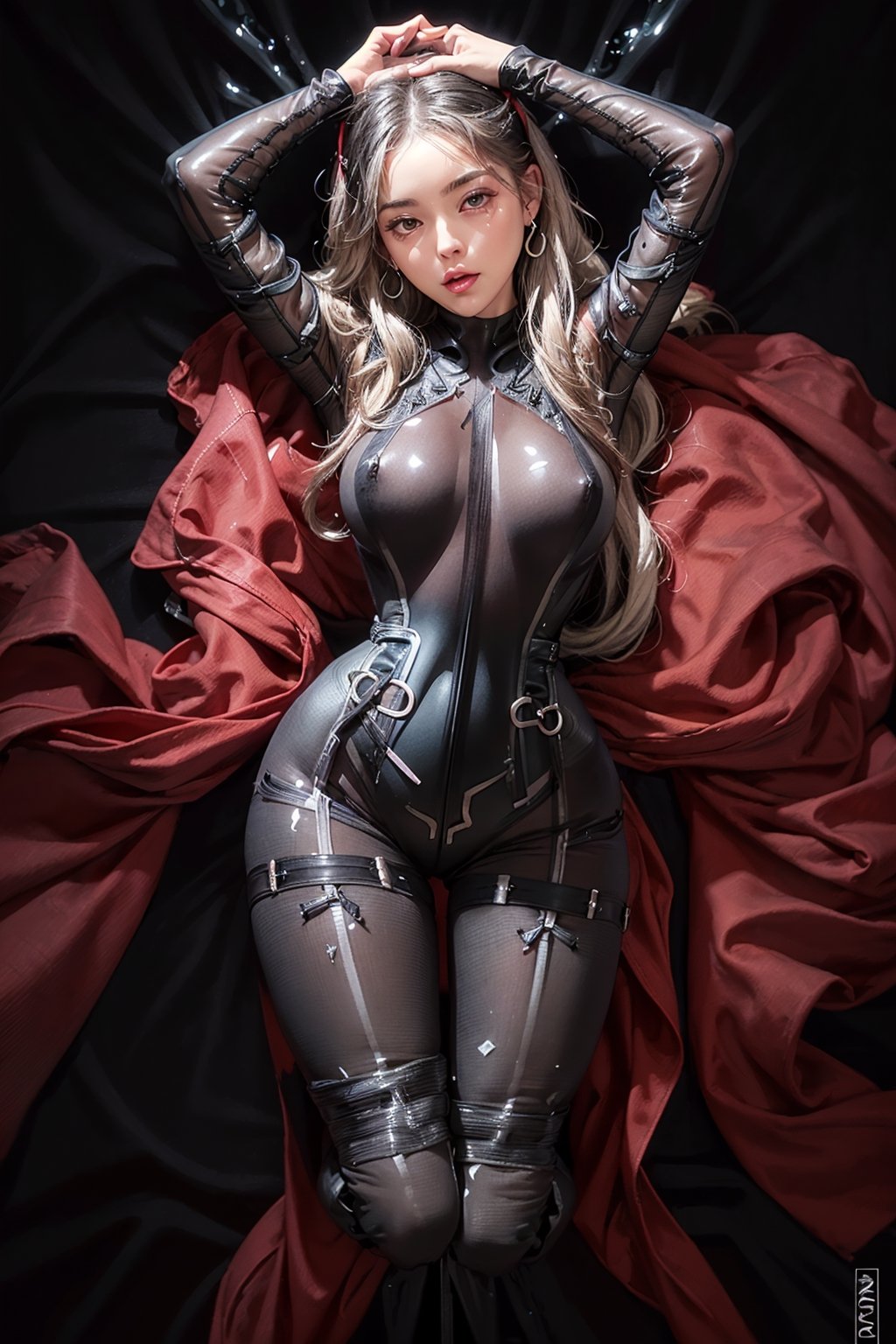 A beautiful samurai warrior, ((satisfied face:1.2)), (((Full body))), ((mouth open:1)), (big_breasts:1), Big Nipples, pov, restrained, sitting, deepthroat, pov hands, dick, blowjob, dynamic_pose, ((long silver hair)) , (hair_lenght to bodywaist:2), ((black sheer bodysuit:2)), garter and stockings, aroused nipples, Jewelry necklace, earrings, red highly detailed armour, (red cloth ribbon headband), alluring, seductive, girl, 1girl, takerpovbj, deepthroat / cum / hands on another's head / pov hands / head grab