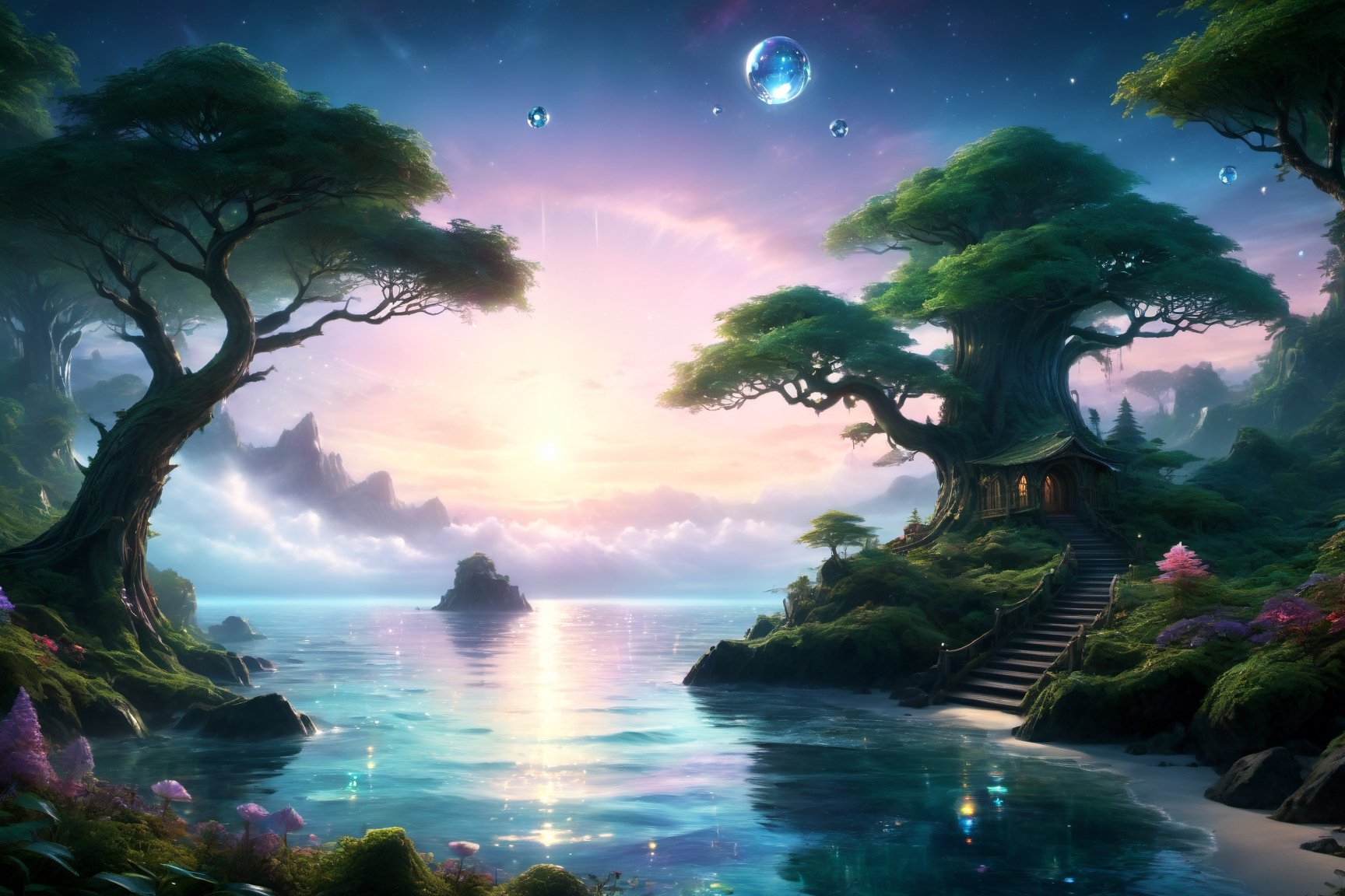 ocean,tropisl coast ,elven  fantasy art, cinema 4d, matte painting, polished, beautiful, colorful, intricate, eldritch, ethereal, vibrant, surrealism, surrealism, vray, nvdia ray tracing, cryengine, magical, 4k, 8k, masterpiece, crystal, romanticism -- Create a stunning landscape of an illuminated enchanted forest in the twilight. The painting should have a soft, ethereal lighting and vibrant pastel colors. The style should be realistic, resembling the works of Thomas Kinkade. Use oil on canvas as the medium, focusing on creating a high-definition scenic painting. in Brooding landscapes, epic scale, German myth, layered symbolic density,360 View,DonMCyb3rSp4c3XL,omatsuri