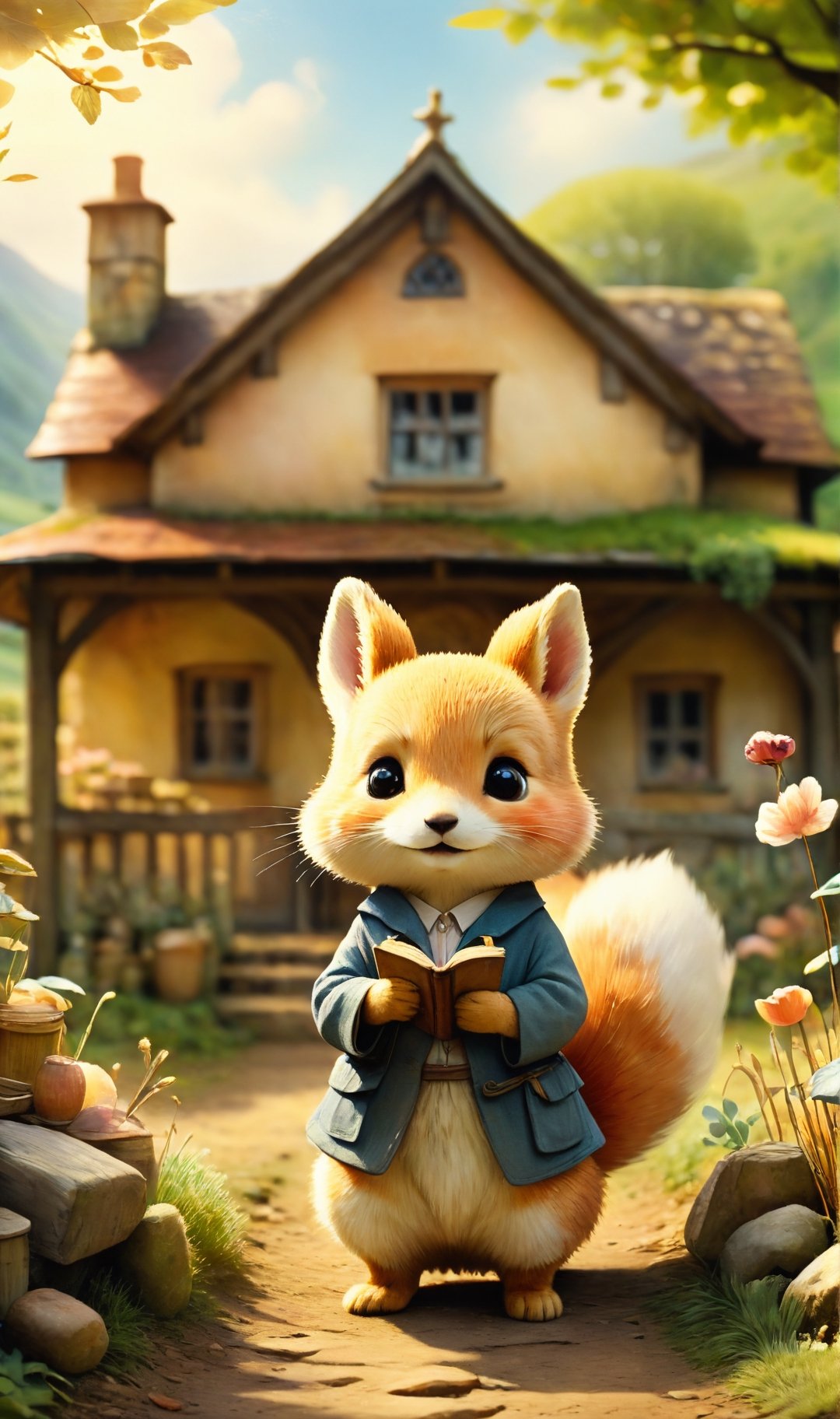 cinematic still Beatrix Potter style watercolor. Chibi style, they are in a rural school, a landscape of pastel colors, emotional, harmonious, vignette, highly detailed, high budget, bokeh, cinemascope, moody, epic, gorgeous, film grain, grainy, detailmaster2, Leonardo Style,kitsune,360 View