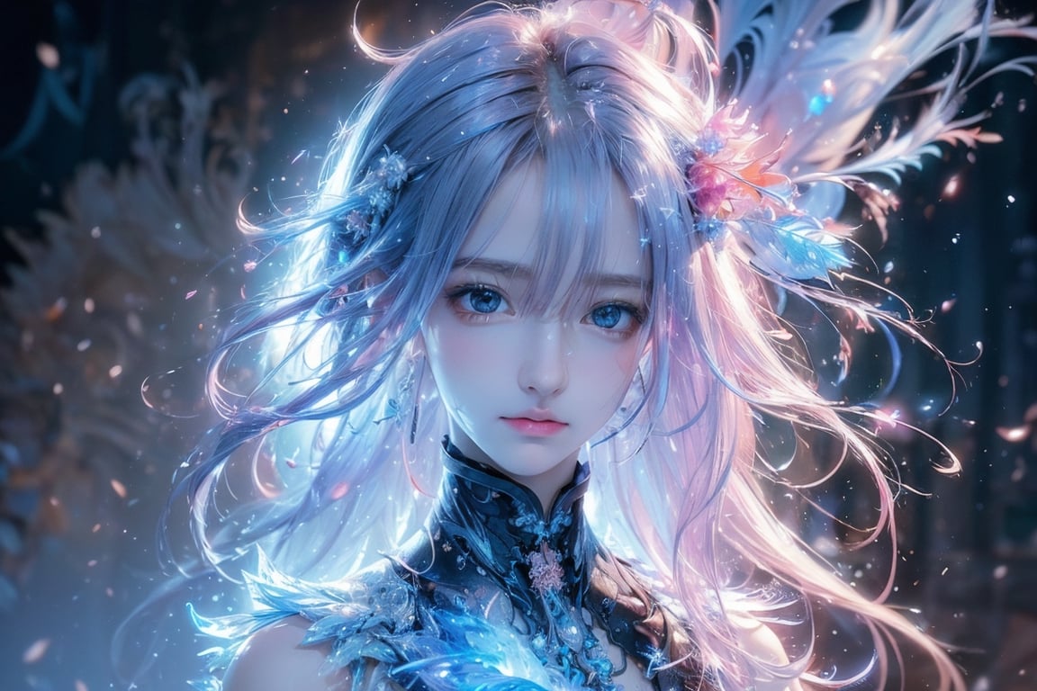 (masterpiece,  top quality,  best quality,  official art,  beautiful and aesthetic:1.2),  (1girl),  extreme detailed, (abstract,  fractal art:1.3), colorful hair, highest detailed,  detailed_eyes,  fire,  water,  ice,  lightning,  light_particles,  ghost
