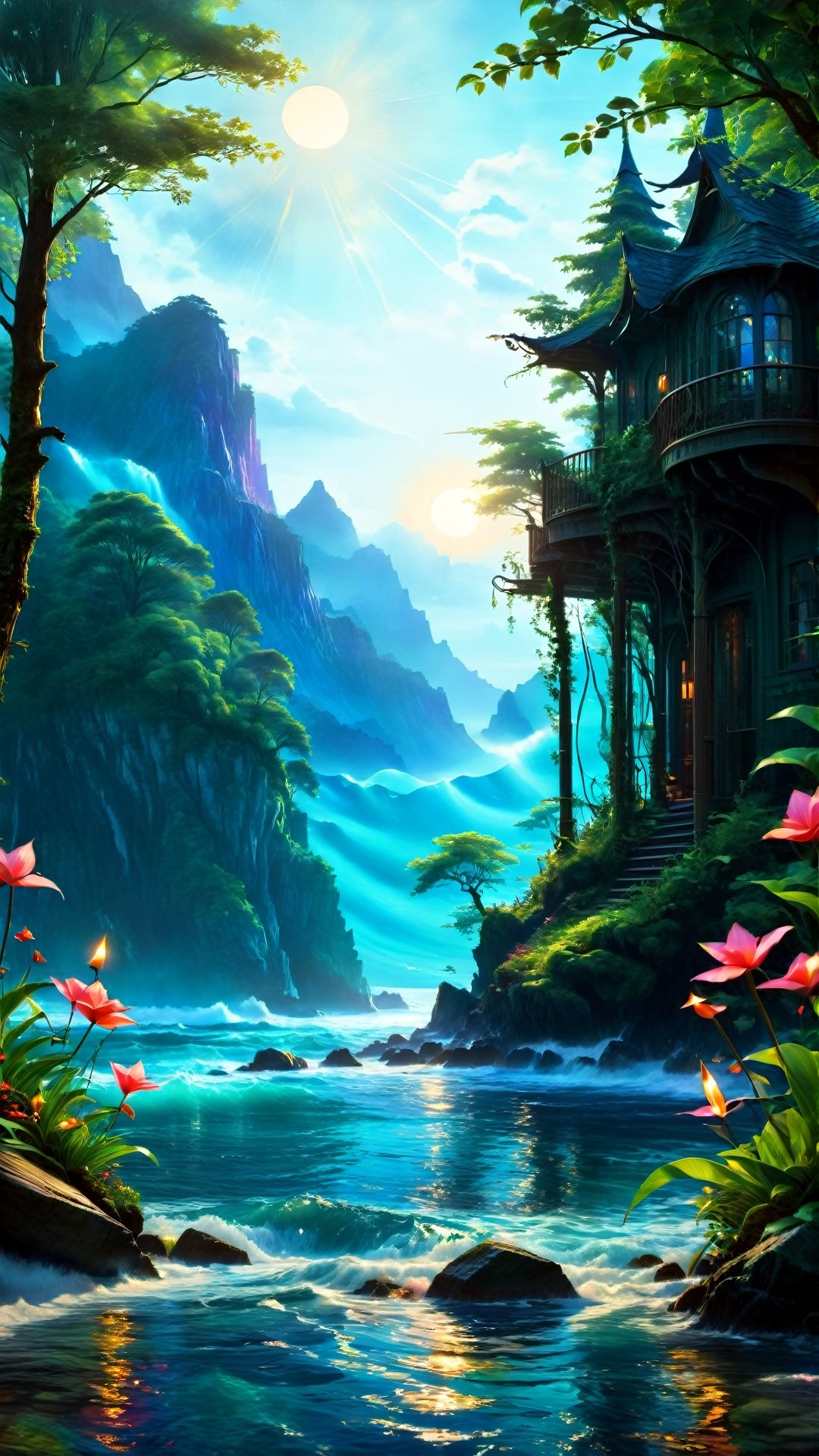 ocean,tropisl coast ,elven  fantasy art, cinema 4d, matte painting, polished, beautiful, colorful, intricate, eldritch, ethereal, vibrant, surrealism, surrealism, vray, nvdia ray tracing, cryengine, magical, 4k, 8k, masterpiece, crystal, romanticism -- Create a stunning landscape of an illuminated enchanted forest in the twilight. The painting should have a soft, ethereal lighting and vibrant pastel colors. The style should be realistic, resembling the works of Thomas Kinkade. Use oil on canvas as the medium, focusing on creating a high-definition scenic painting. in Brooding landscapes, epic scale, German myth, layered symbolic density,Cinematic ,cute cartoon 