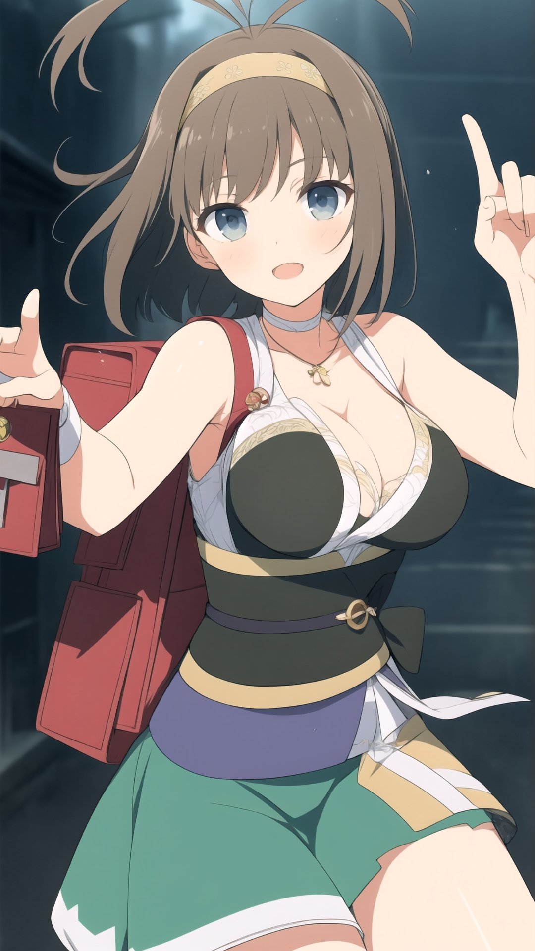 (masterpiece, best quality), syuriSK, solo, black hair, brown hair, ahoge, antenna hair, hairband, short hair, blue eyes, large breasts, necklace, pendant, crime prevention buzzer, dress, bare shoulders, randoseru, backpack, bag, fingerless gloves, green gloves, green skirt, smile, open mouth,yoimiyadef