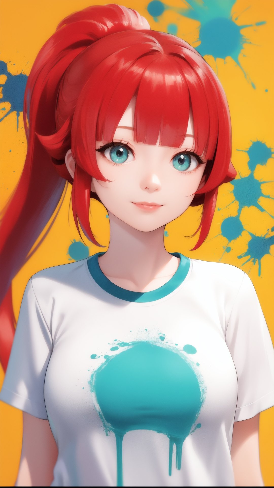 masterpiece, best quality, 1girl, ponytail, blunt bangs, red hair, aqua eyes, light smile, looking at viewer, paint splatter background, oversized t-shirt, upper body, closed mouth