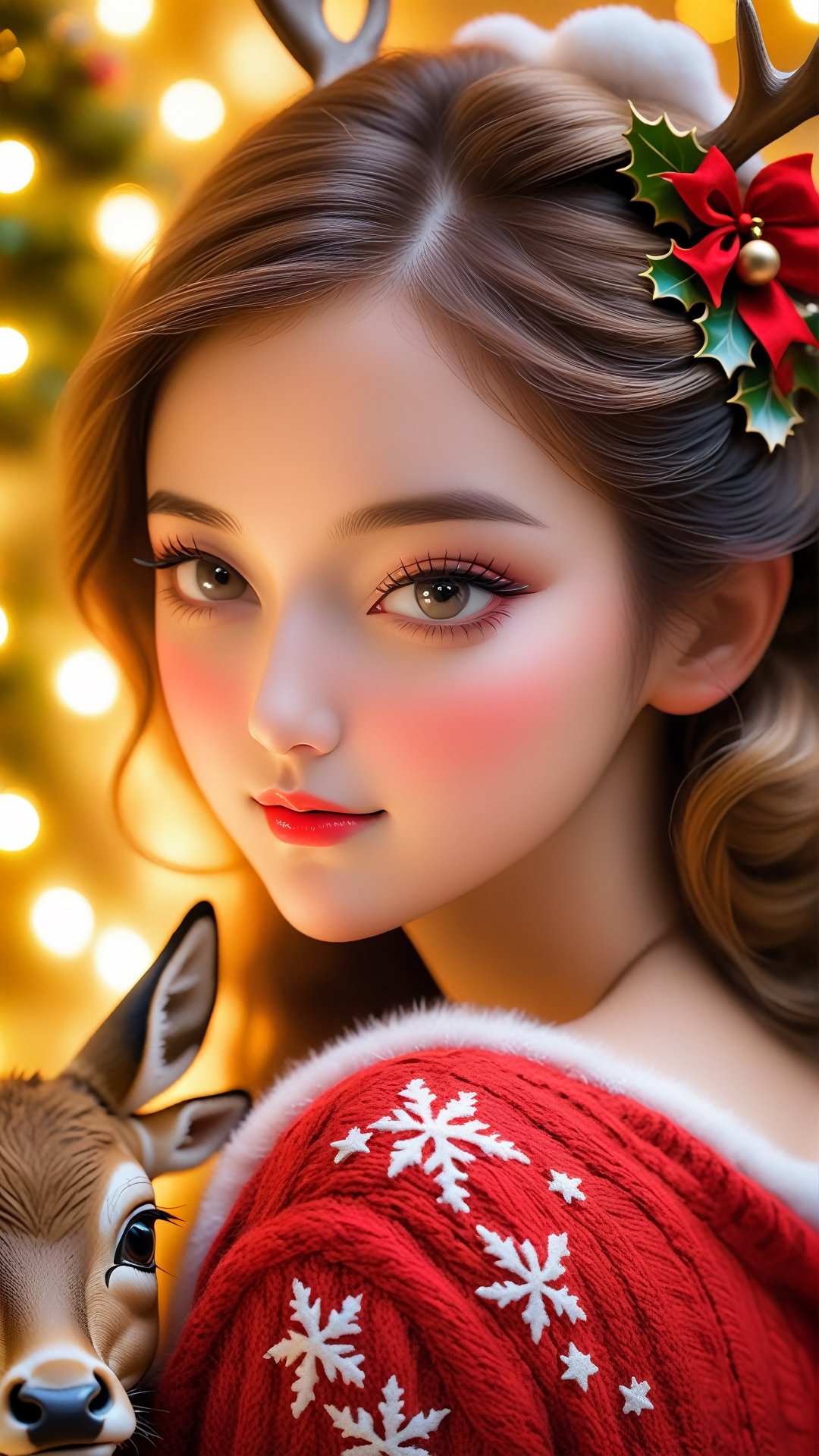 Sweet girl wearing a red sweater, hugging a deer, (best quality,4k,8k,highres,masterpiece:1.2),ultra-detailed,(realistic,photorealistic,photo-realistic:1.37),inner glowing shining,girl figure,transparent body,beautiful detailed eyes,beautiful detailed lips,extremely detailed eyes and face,long eyelashes,soft flowing hair,graceful pose,ethereal christmas atmosphere,soft ambient lighting,subtle color grading,sublime beauty,sublime beauty,ethereal christmas  background,captivating aura,magical scene,gentle mist,serene environment,surreal ambiance,impeccable composition,vivid colors,luminous glow,fantasy element,mysterious charm,dreamlike quality,hauntingly beautiful,peaceful expression,serene atmosphere,effortless elegance,enchanting allure,mesmerizing presence,sublime grace, sweet expression, tenderness transcendent beauty,Star and Sea, tenderness, candid expression, sweet pose,beautymix