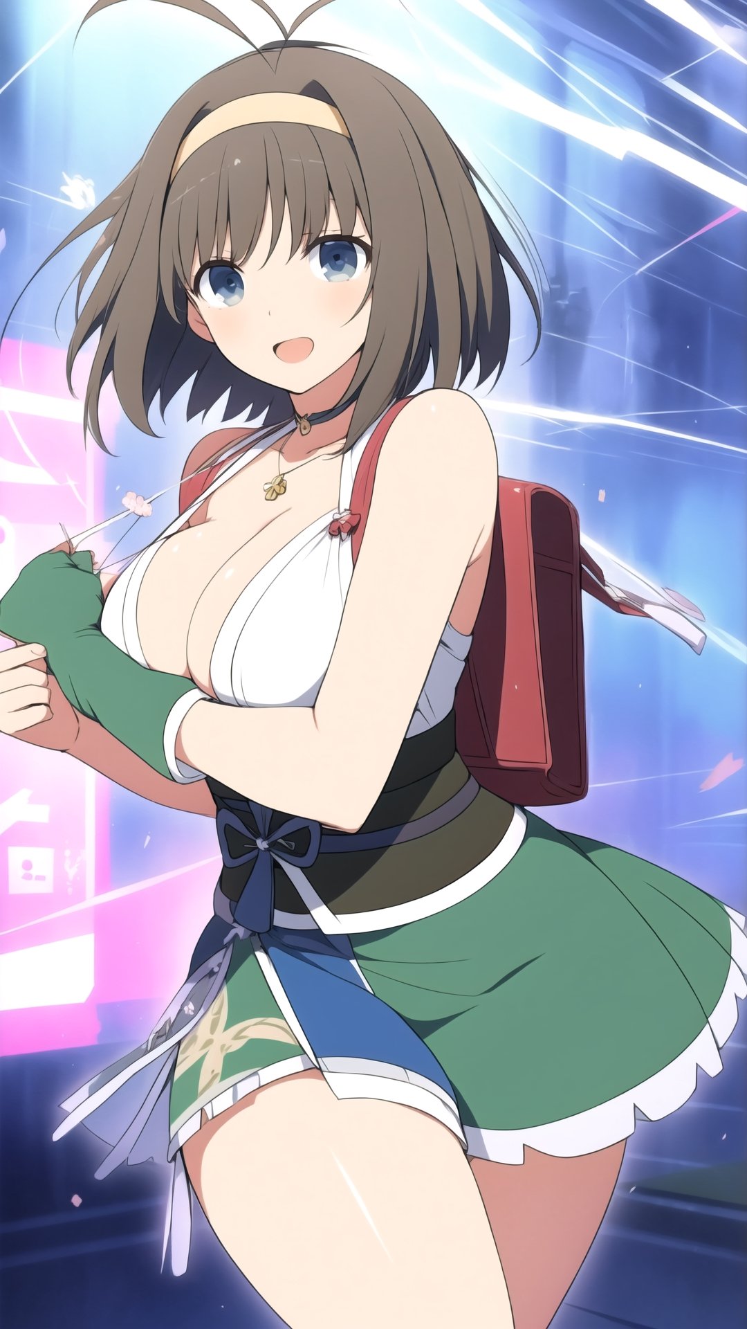 (masterpiece, best quality), syuriSK, solo, black hair, brown hair, ahoge, antenna hair, hairband, short hair, blue eyes, large breasts, necklace, pendant, crime prevention buzzer, dress, bare shoulders, randoseru, backpack, bag, fingerless gloves, green gloves, green skirt, smile, open mouth,yoimiyadef