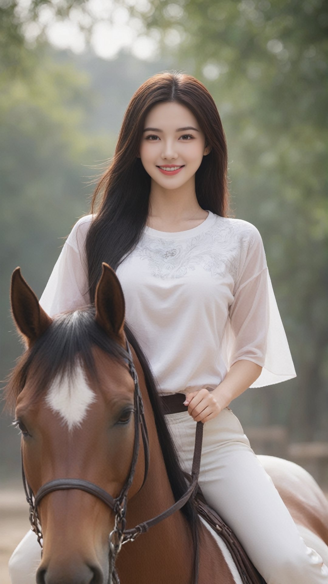 1 woman, on a horse, chinese_clothes, tulle t-shirt, long riding breeches , 18 years old,  beautiful face, huge breasts, long straight hair,  smile, looking at the viewer,  (photorealistic, raw photo)