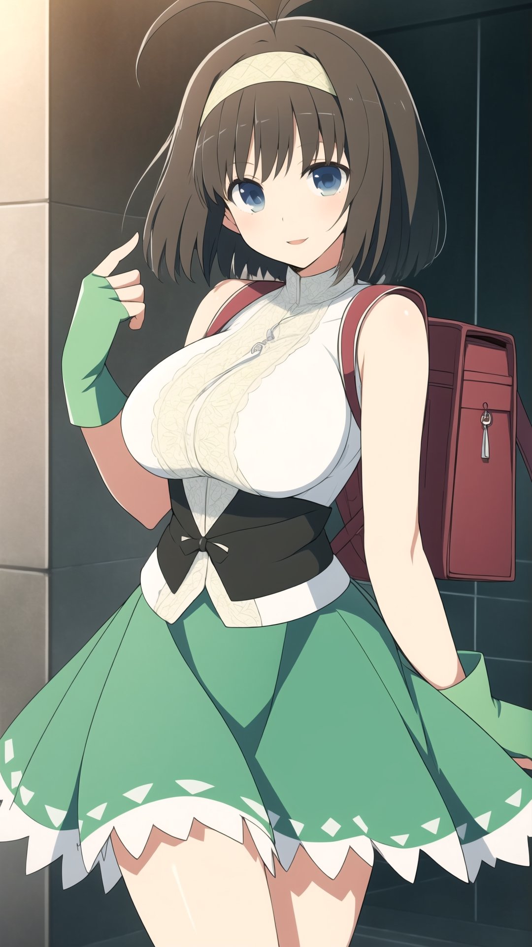 (masterpiece, best quality), syuriSK, solo, black hair, brown hair, ahoge, antenna hair, hairband, short hair, blue eyes, large breasts, necklace, pendant, crime prevention buzzer, dress, bare shoulders, randoseru, backpack, bag, fingerless gloves, green gloves, green skirt, smile, open mouth,