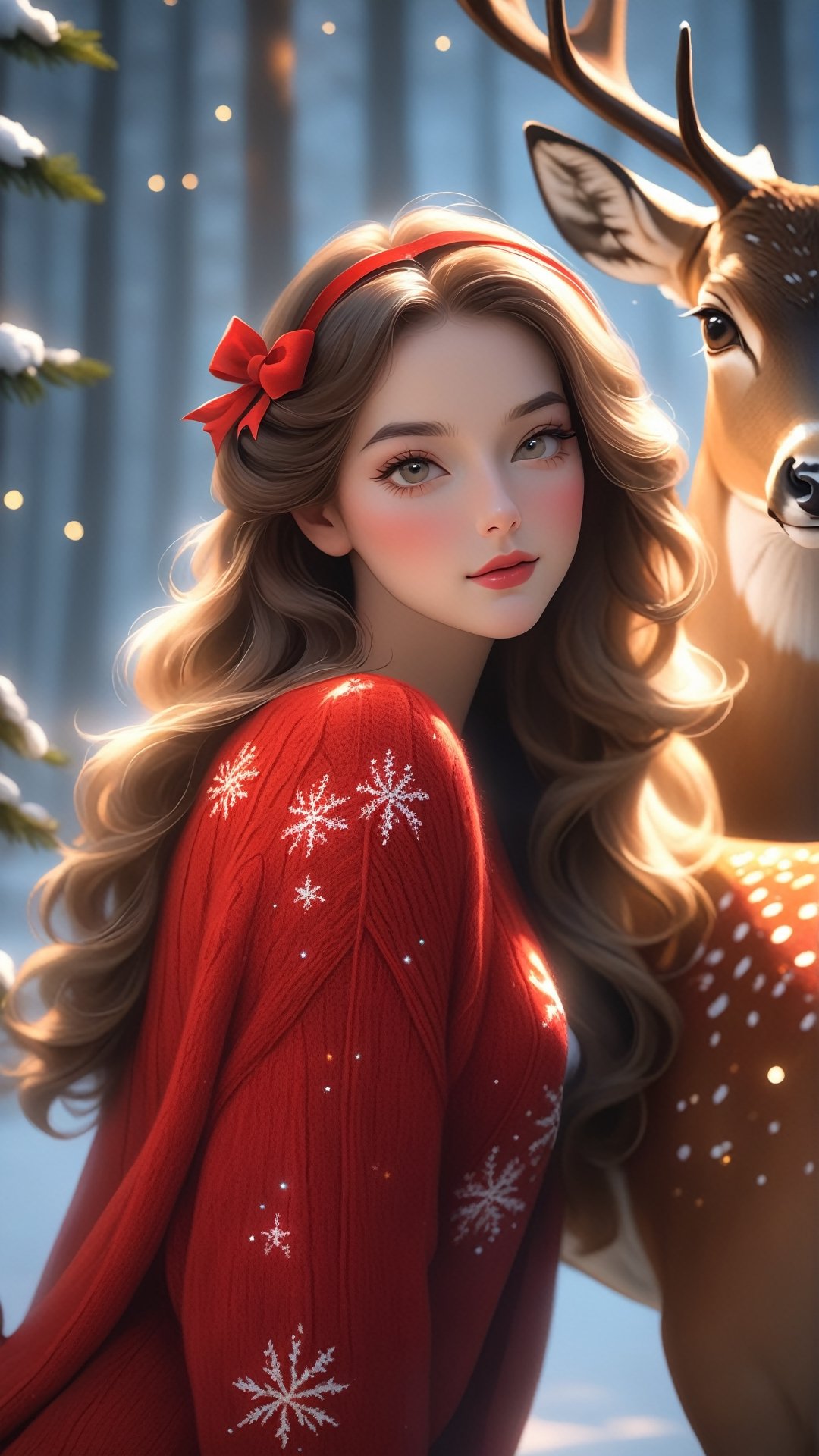 Sweet girl wearing a red sweater, hugging a deer, (best quality,4k,8k,highres,masterpiece:1.2),ultra-detailed,(realistic,photorealistic,photo-realistic:1.37),inner glowing shining,girl figure,transparent body,beautiful detailed eyes,beautiful detailed lips,extremely detailed eyes and face,long eyelashes,soft flowing hair,graceful pose,ethereal christmas atmosphere,soft ambient lighting,subtle color grading,sublime beauty,sublime beauty,ethereal christmas  background,captivating aura,magical scene,gentle mist,serene environment,surreal ambiance,impeccable composition,vivid colors,luminous glow,fantasy element,mysterious charm,dreamlike quality,hauntingly beautiful,peaceful expression,serene atmosphere,effortless elegance,enchanting allure,mesmerizing presence,sublime grace, sweet expression, tenderness transcendent beauty,Star and Sea, tenderness, candid expression, sweet pose,beautymix