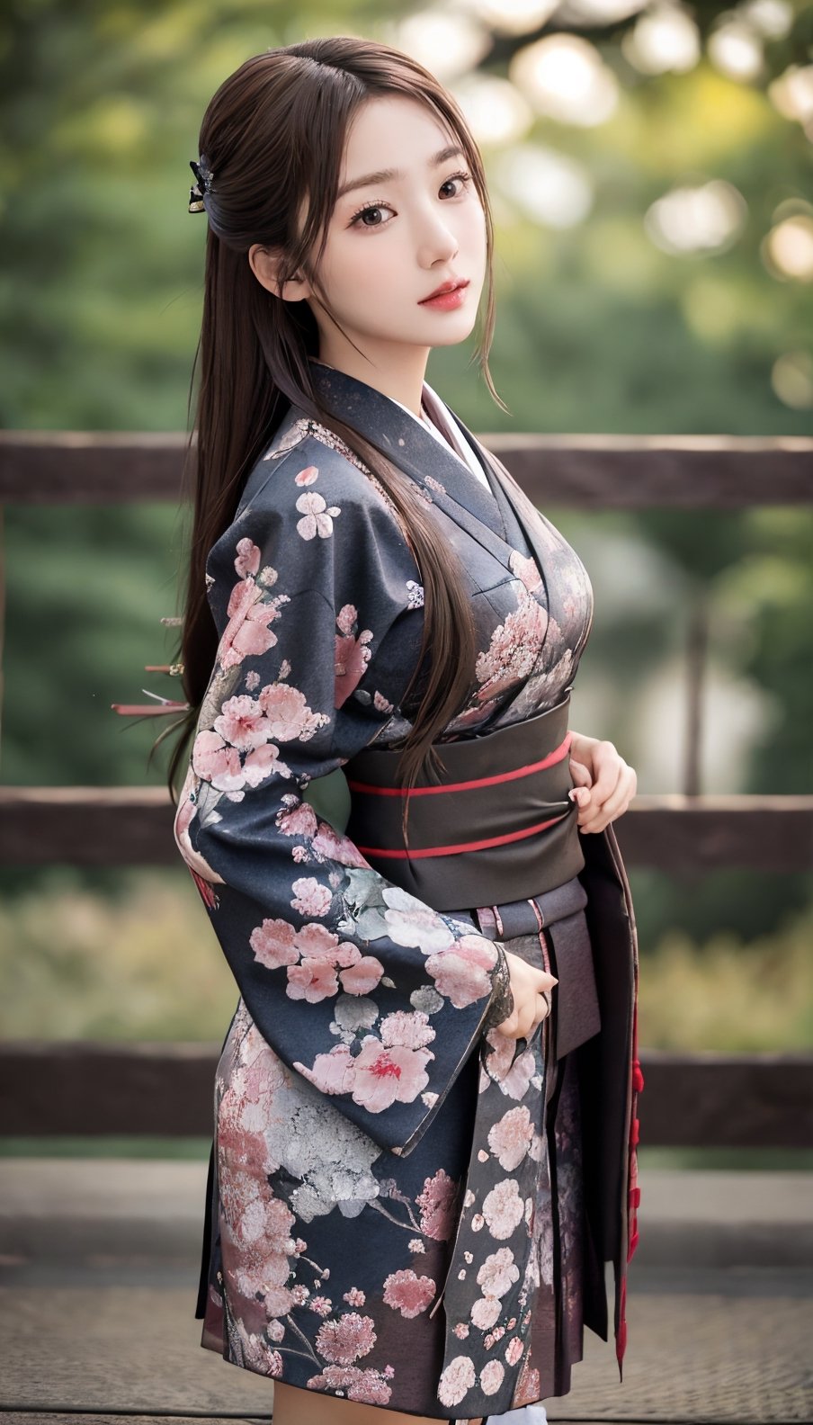 Photorealistic, masterpiece, highest quality, raw photo, 1 woman, solo, long hair, brown hair, detailed face, seductive face, thin face, meiji schoolgirl uniform, hakama, hakama skirt, japanese clothes, kimono, cross-laced footwear, lace-up boots, floral print,,  medium breasts, dynamic pose, looking at viewer, from below, Detailed backgrounds, detailed, intricate details, ray tracing, depth of field, low key, HDR,perfect