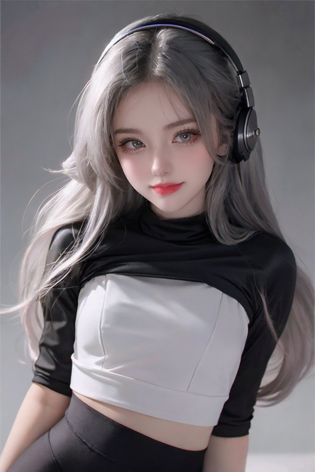 warm light room Beautiful woman with silver long hair against a grey background.over-the-ear headphones Smile,black tights top,Girl