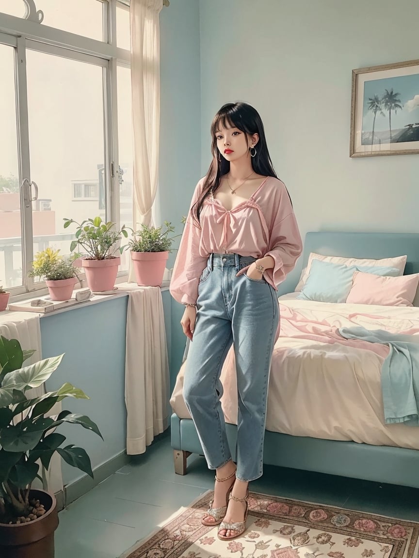 1 asian girl (sexy, beauty, attractive, long hair, bangs, full body, jewelry, earrings, loose shirt, transperant closth), on bed, indoors, (yellow and blue and pink pastel theme), plant, bed, potted plant, old radio, rug, 80s furniture, detailed interior, pastel bg, soft light, Masterpiece (photorealistic, hyper realistic, aesthetic and elegant, best quality, ultra-detailed, 16K)