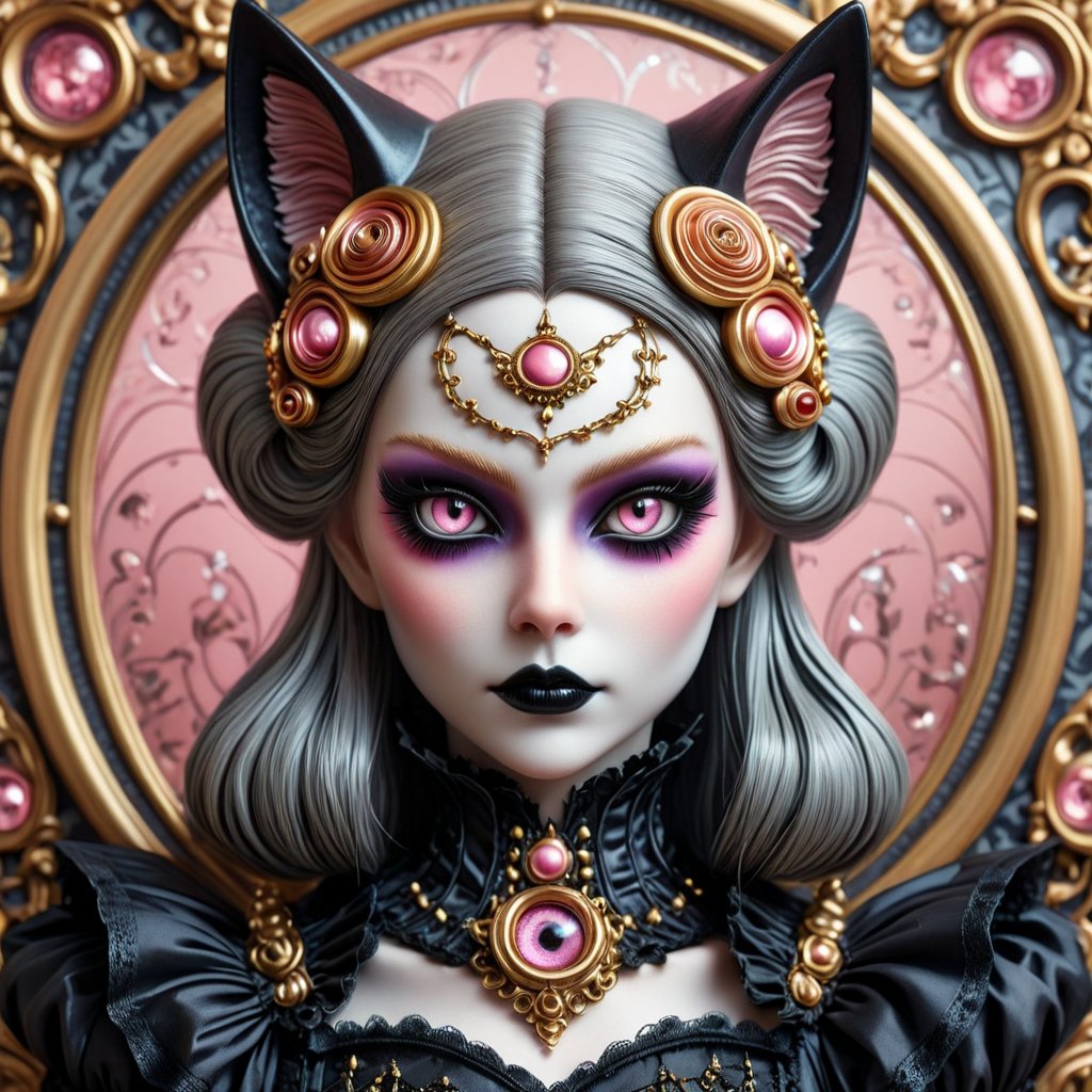 close up portrait of a beautiful stunning cat woman, a fusion of elaborate rococo, gothic, lolita and punk. she has round large big copper eyes. she has elaborate gothic make-up, cat ears, she wears an elaborate gothic outfit. perfect female anatomy, goth person, pastel goth, dal, Gaelic Pattern Style,